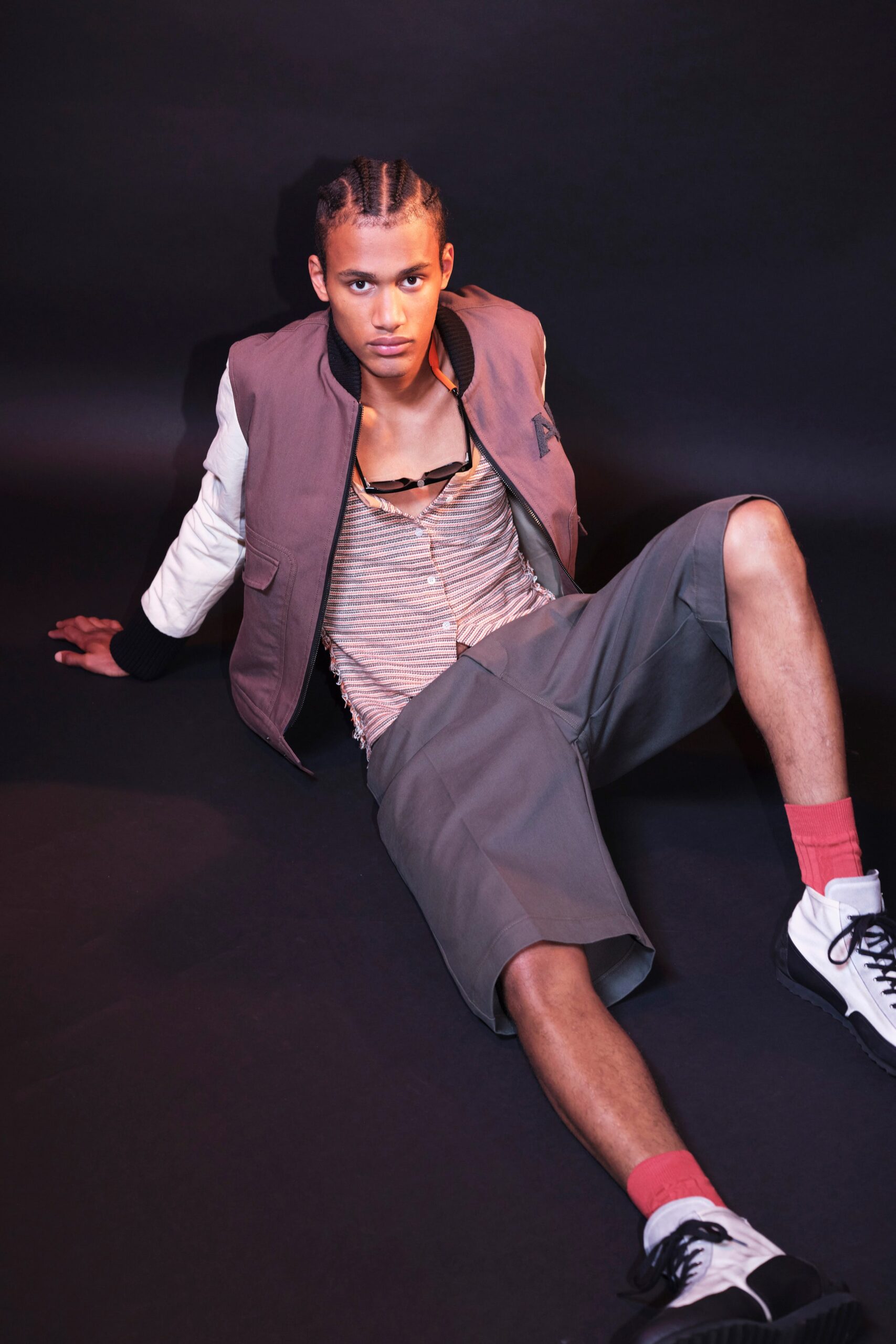 brown relaxed jacket with beige shirt
