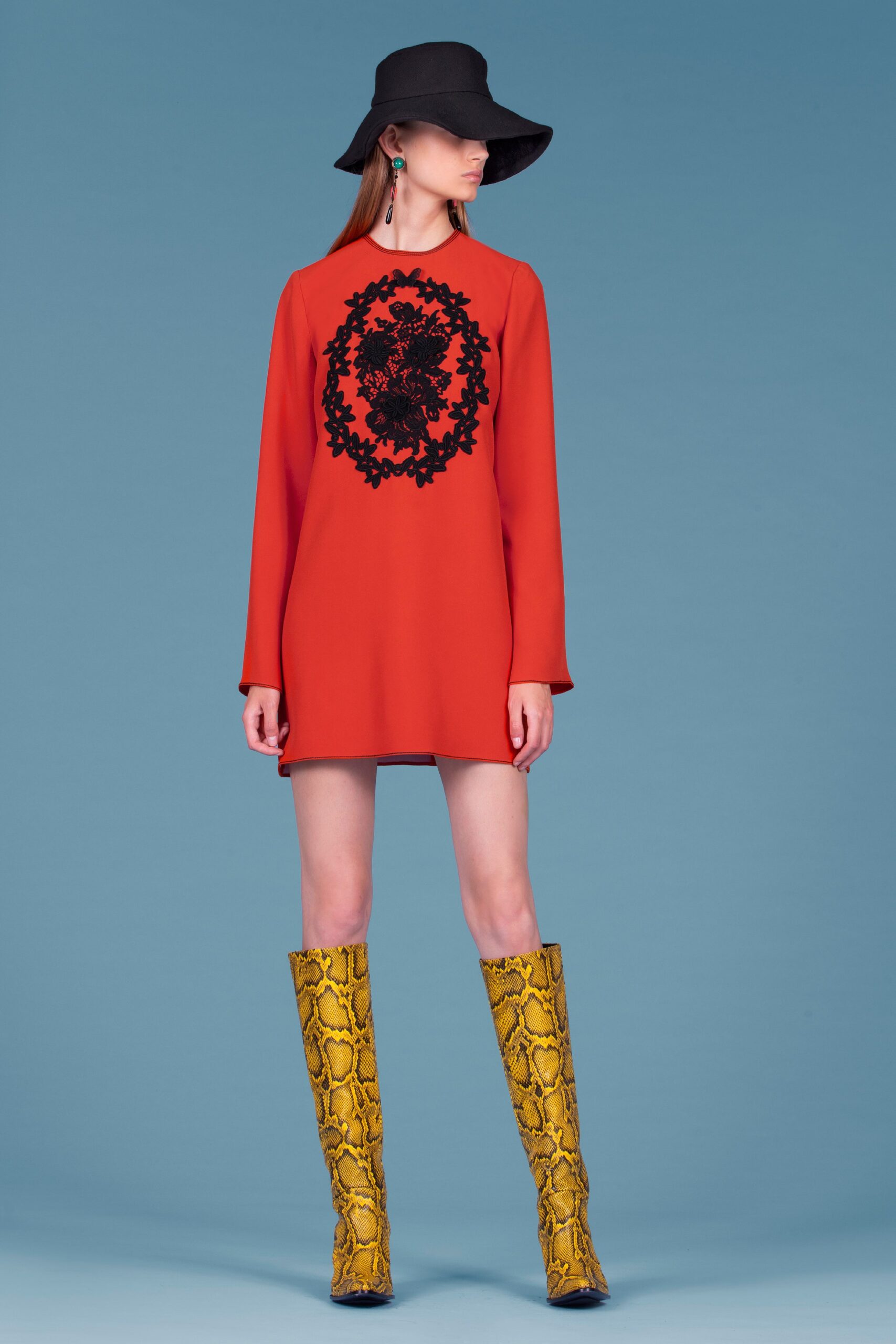 red long-sleeve high-neck fitted embroidered mini dress