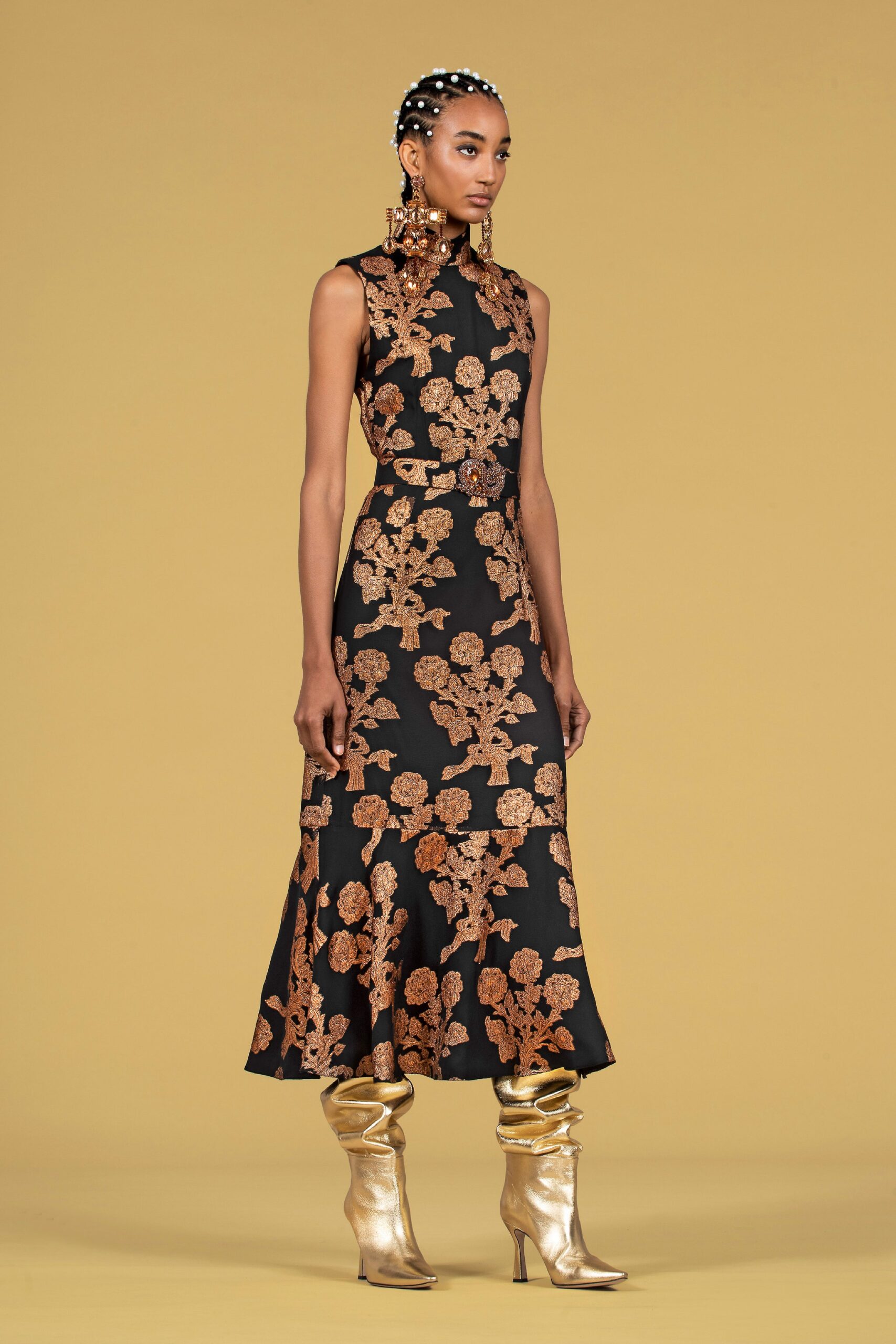black embroidered midi dress with gold boots