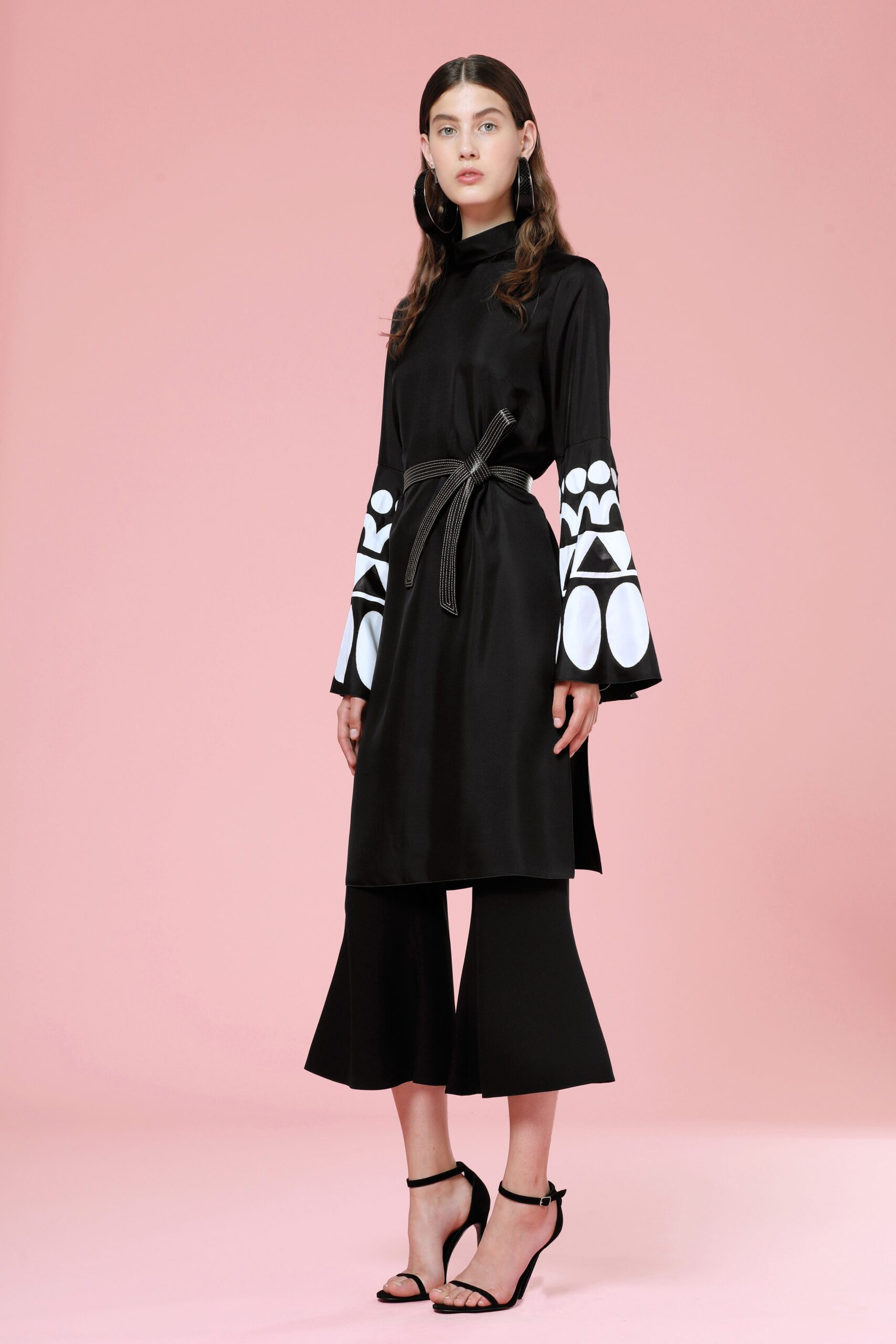 black silk long-sleeve collared fitted flared belted dress