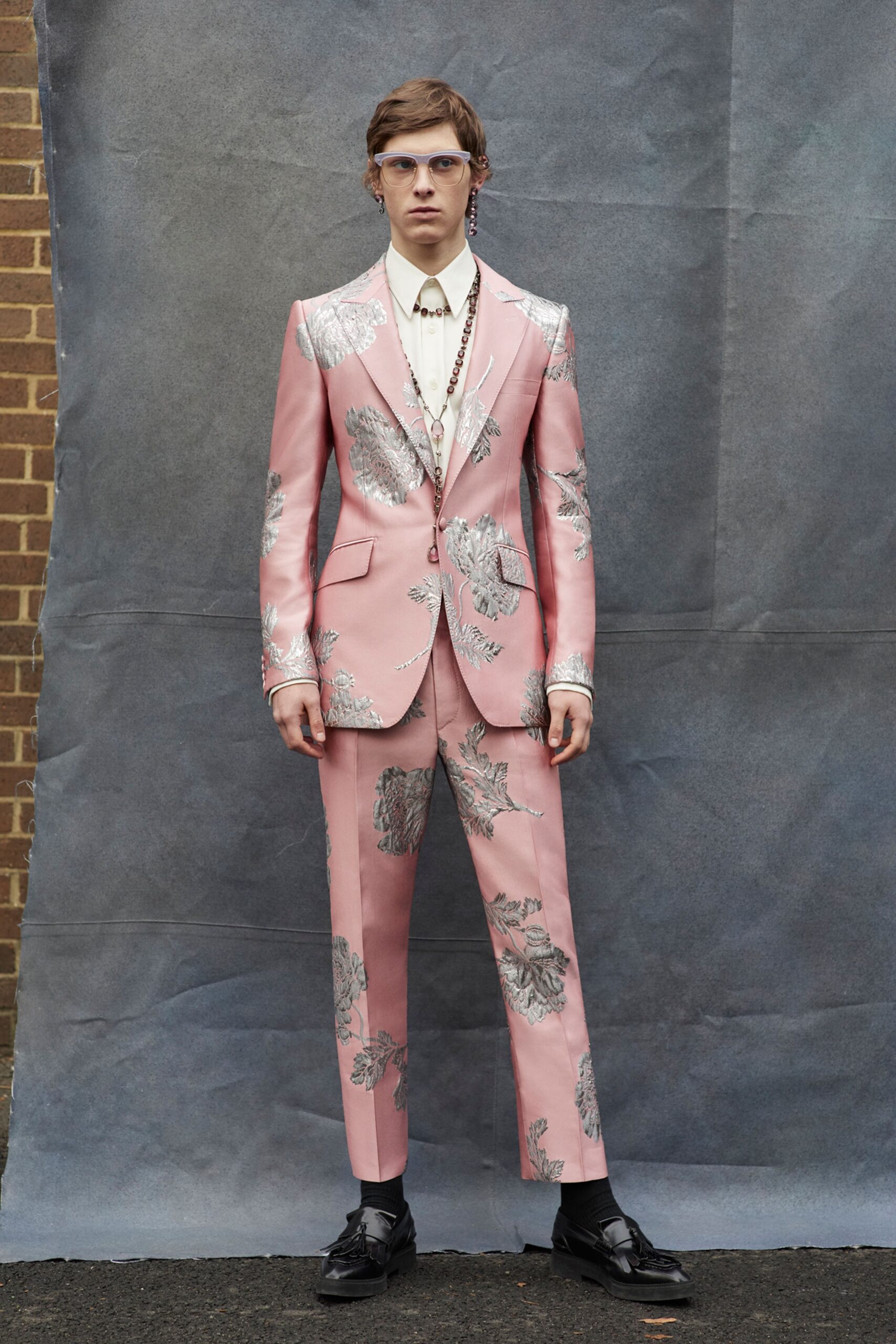 pink embroidered tailored suit