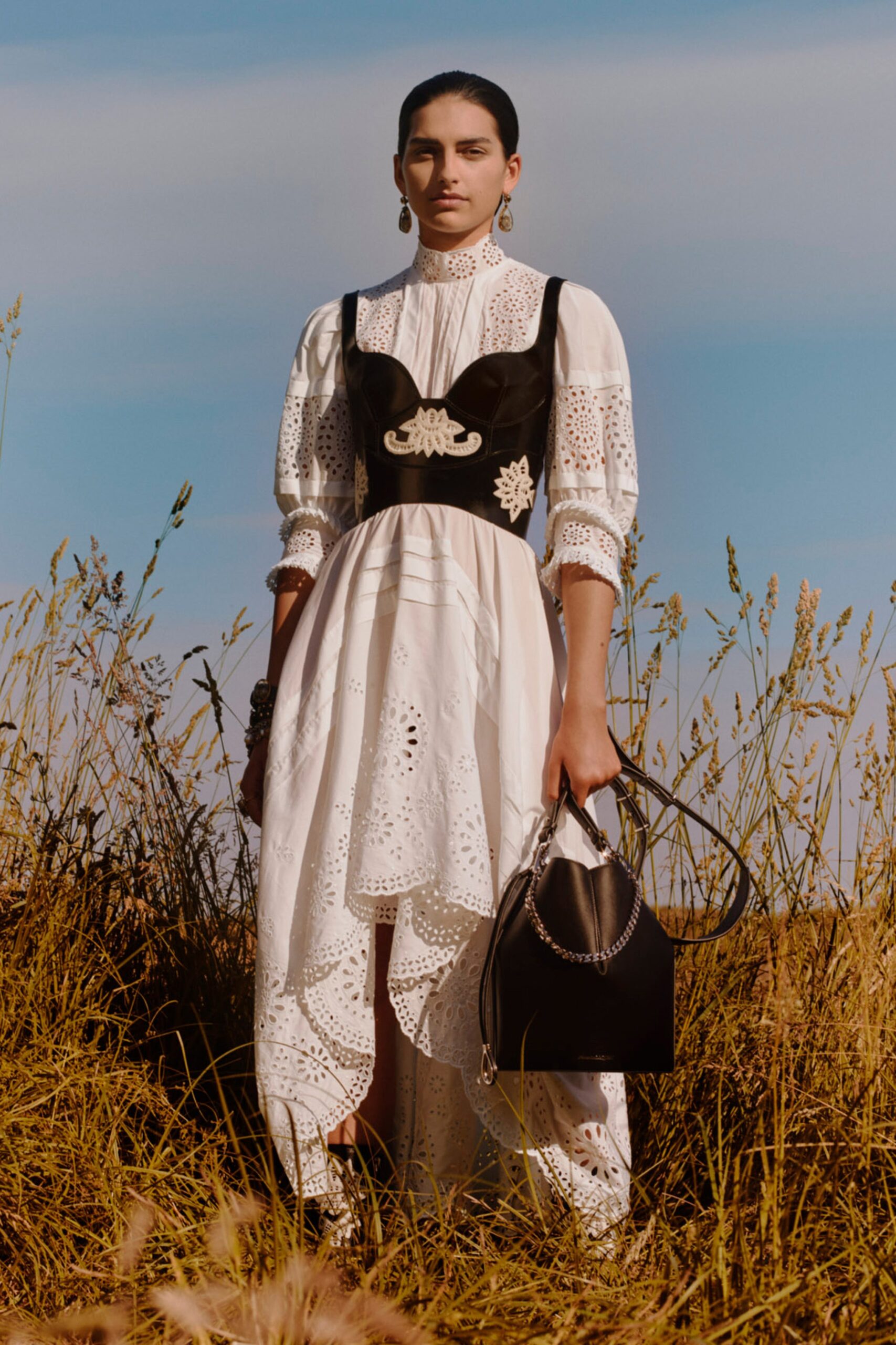 white embroidered midi dress with black top