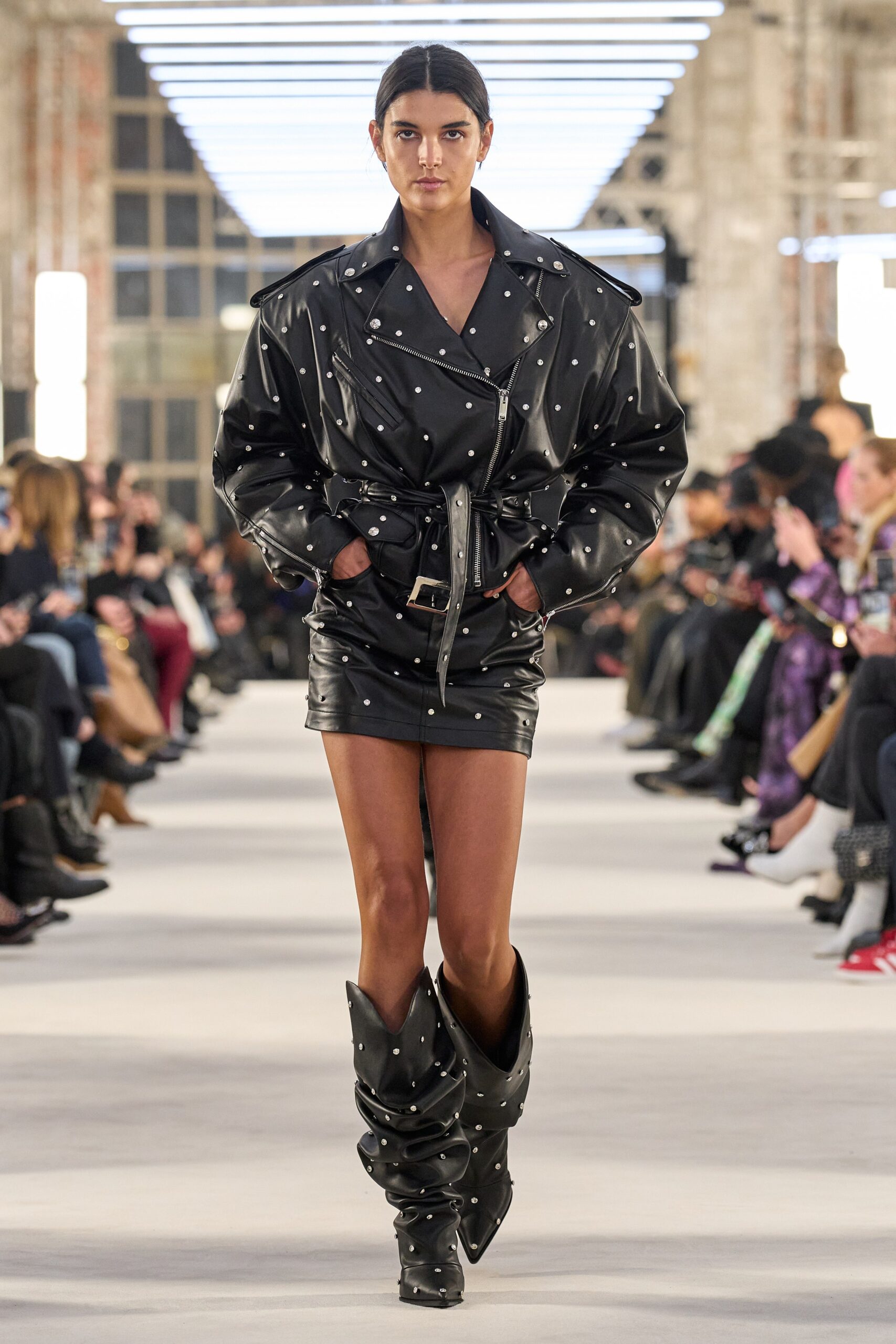 black leather fitted ruffled boots