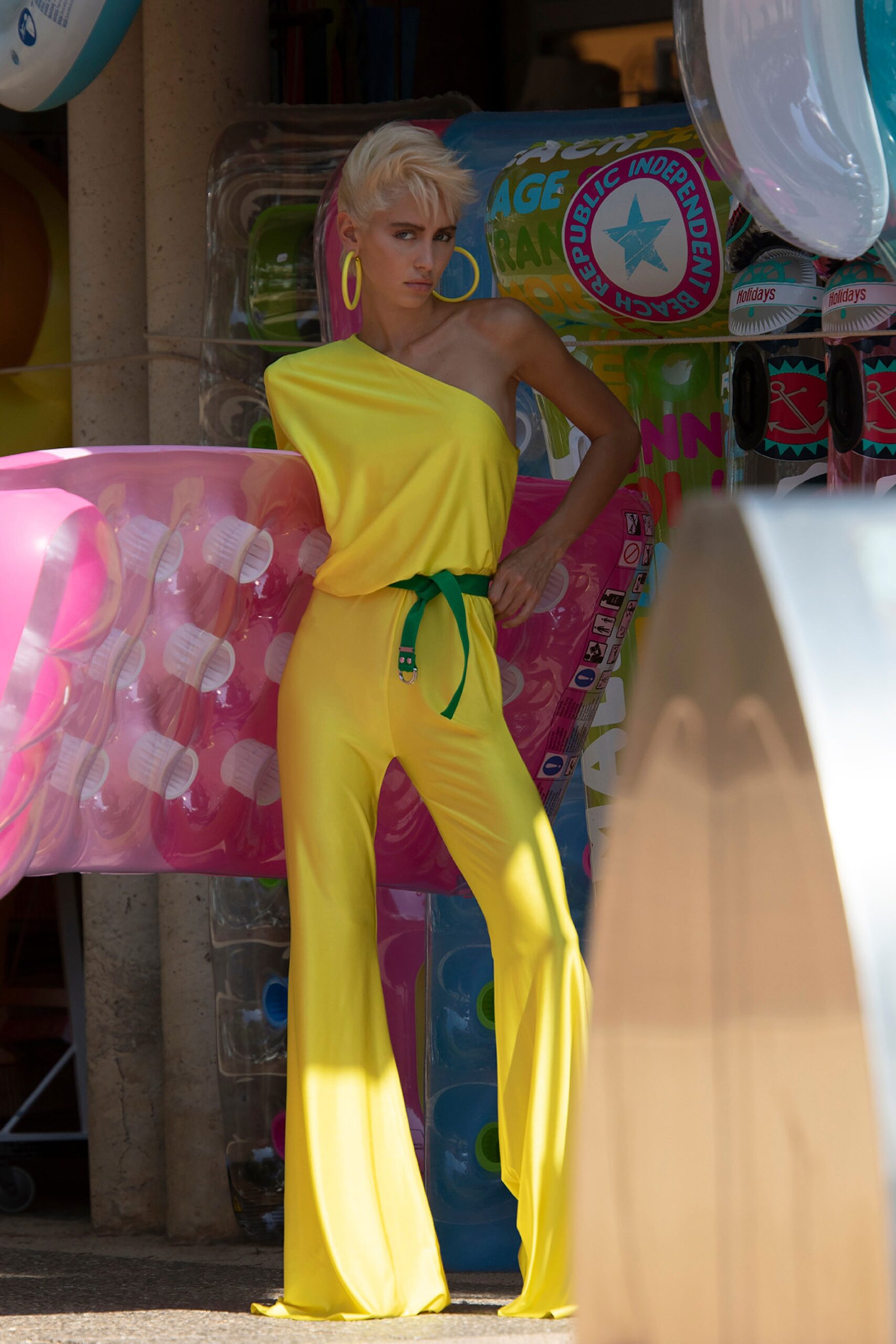 yellow off-shoulder jumpsuit