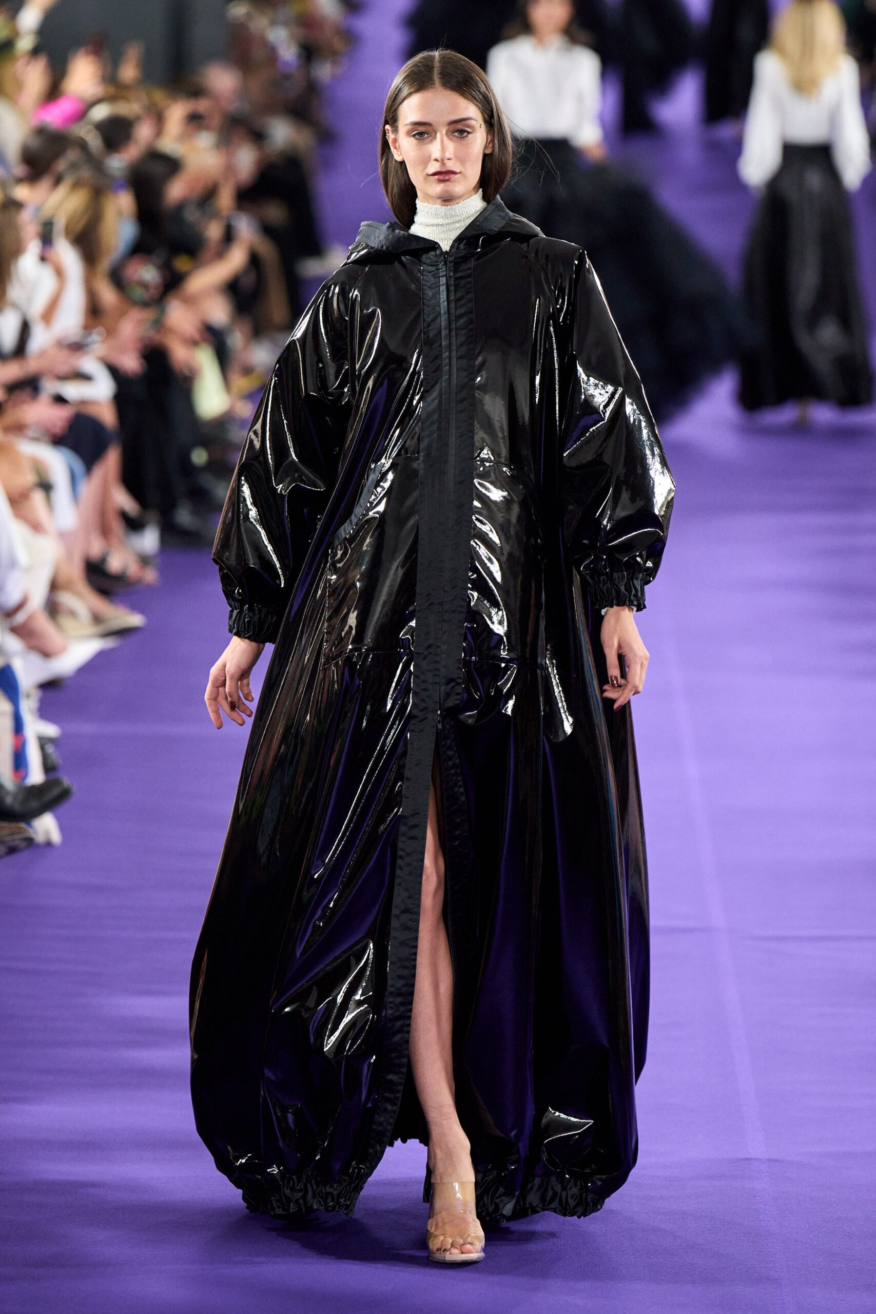 oversized black vinyl coat