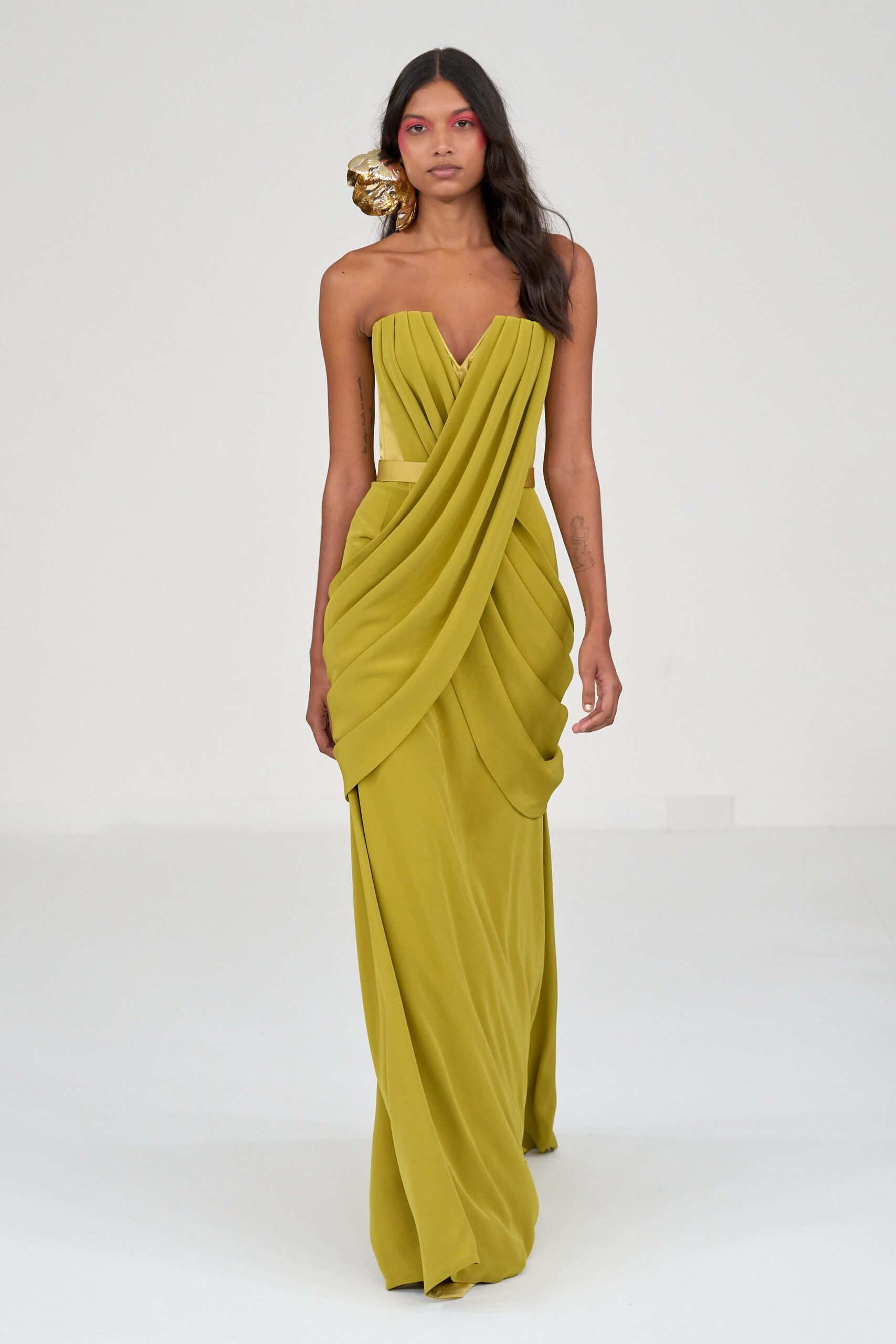 green silk strapless gown