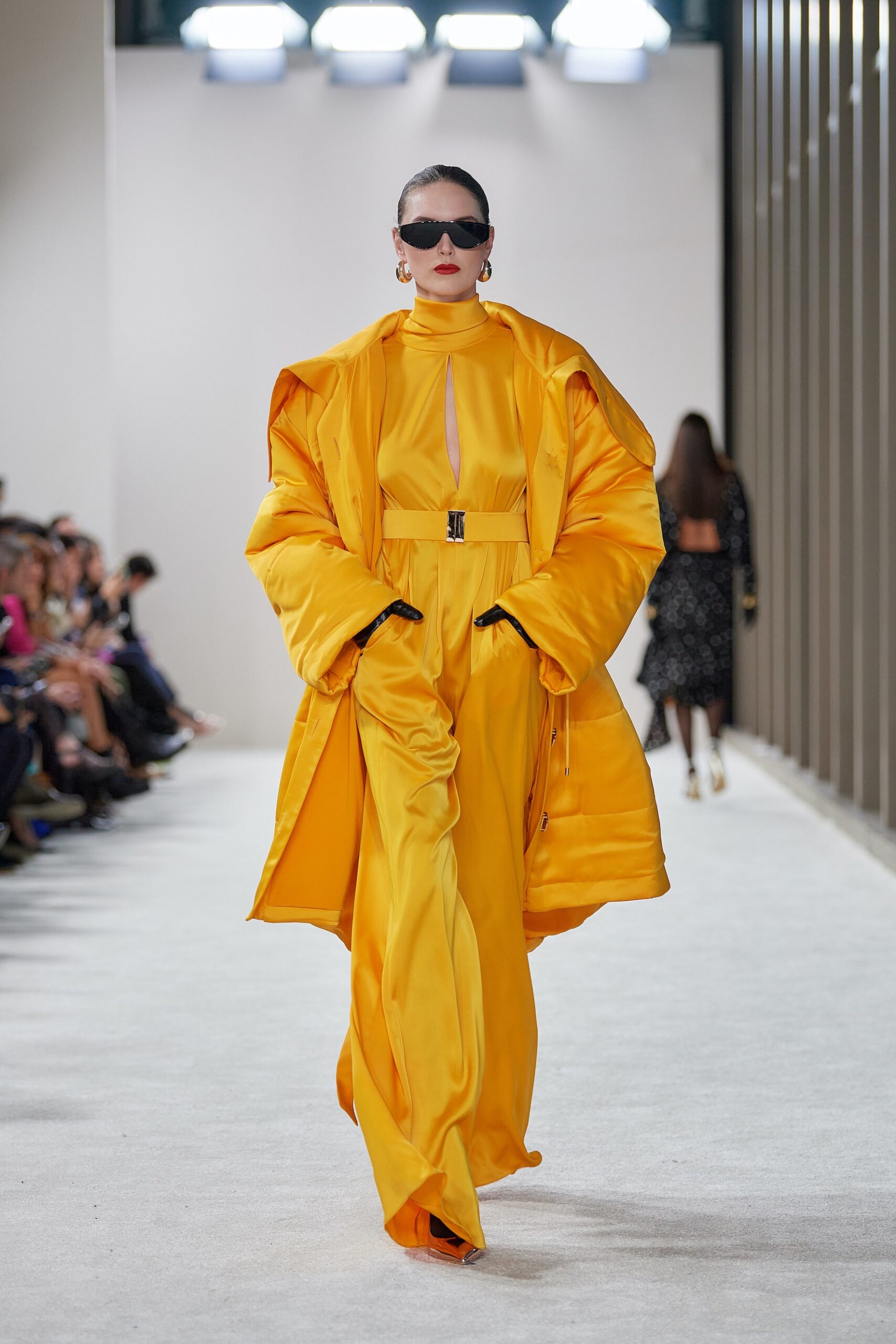 yellow silk long-sleeve high-neck oversized draped coat