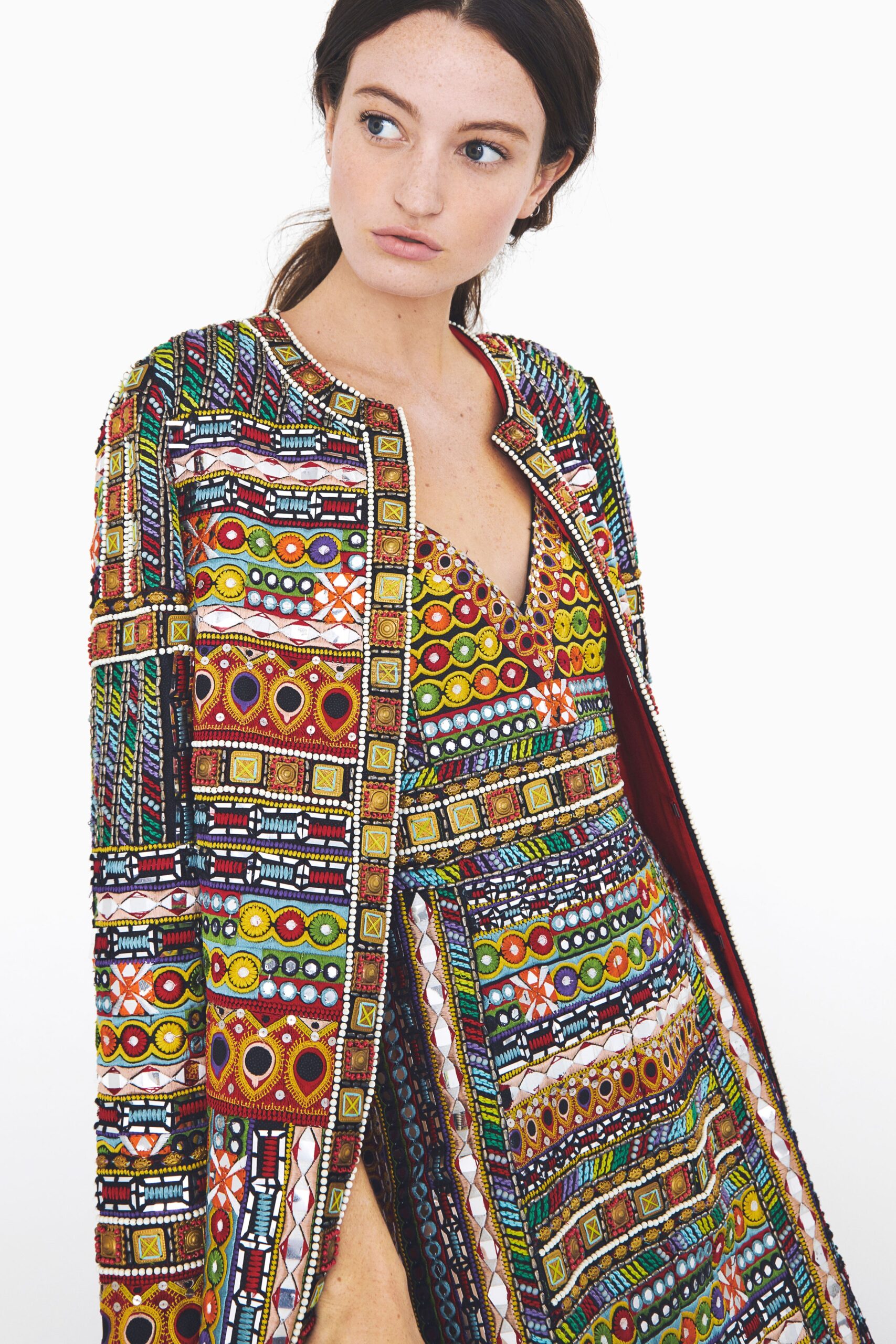 multi silk sleeveless v-neck fitted embroidered a-line dress