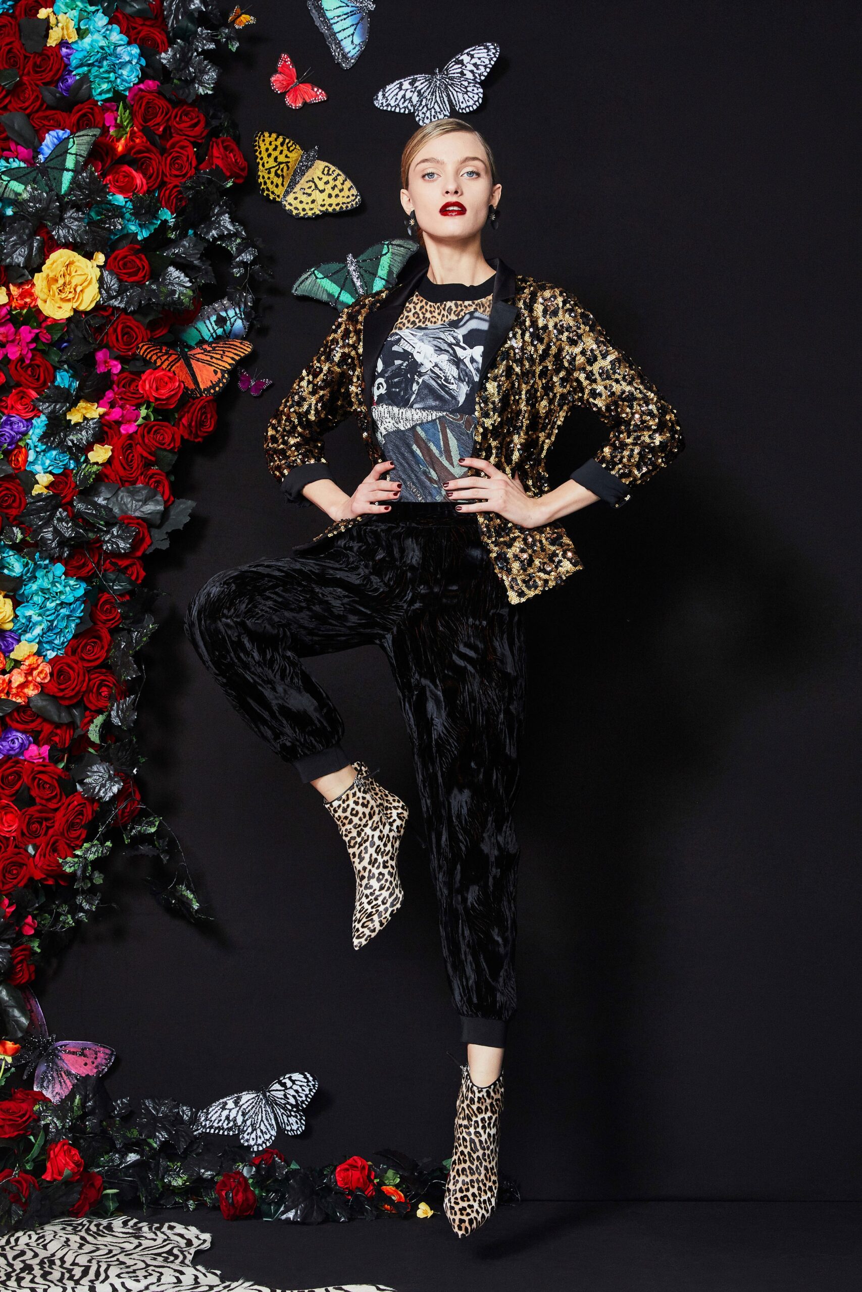 fitted sequined blazer with velvet pants