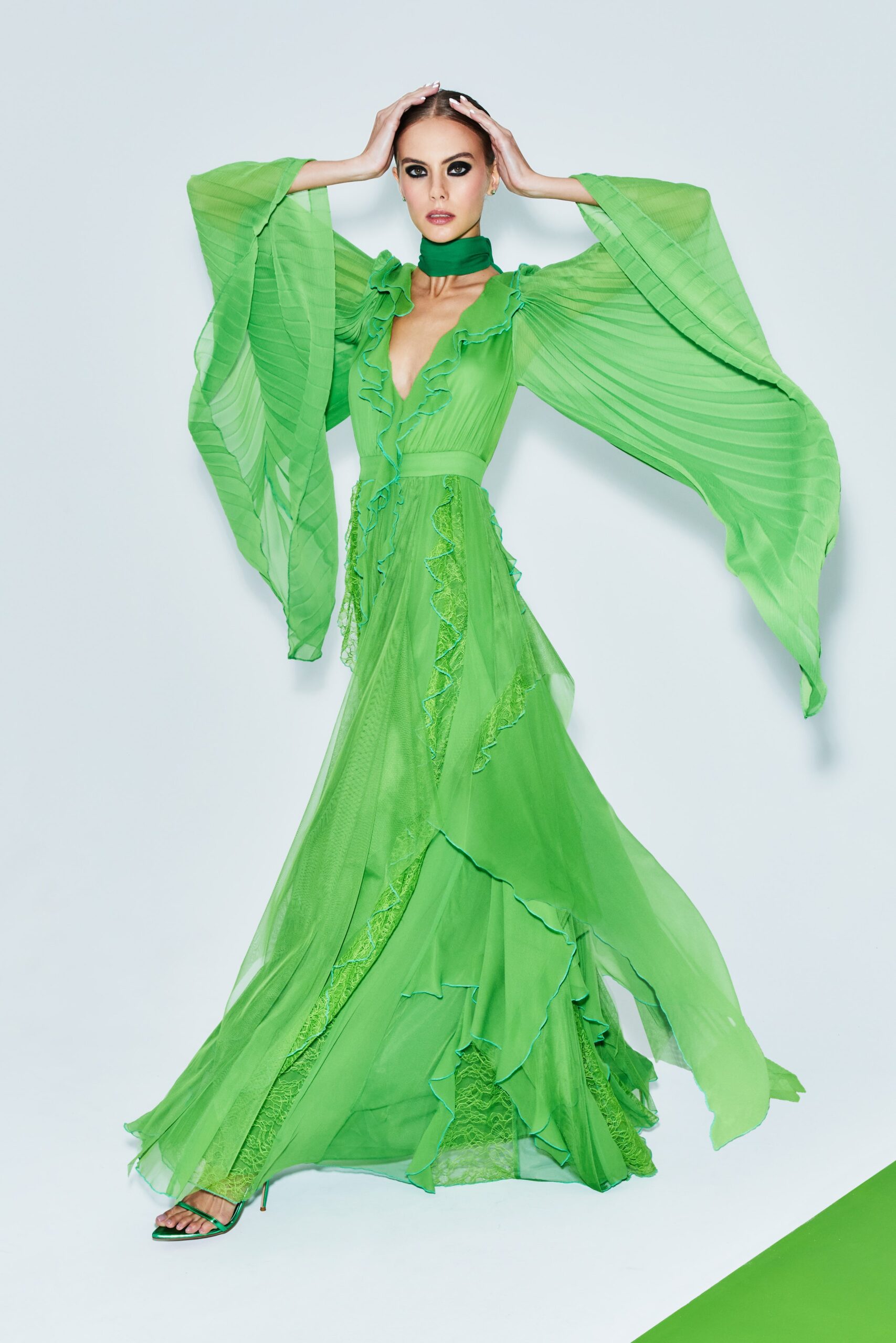 green chiffon ruffled gown