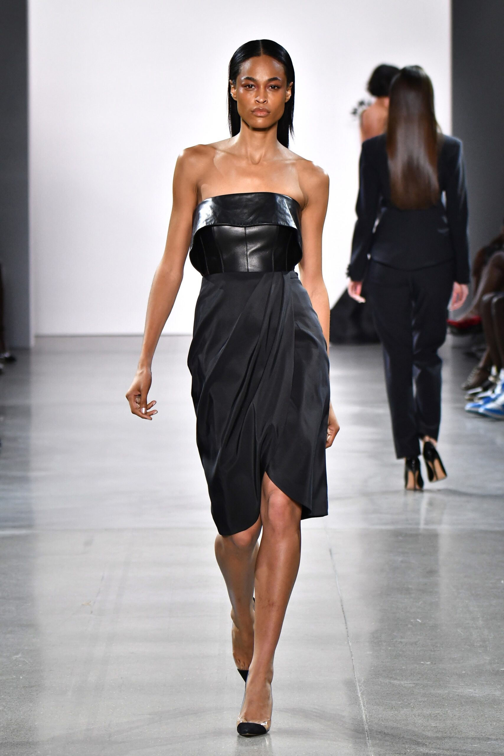 black strapless draped dress