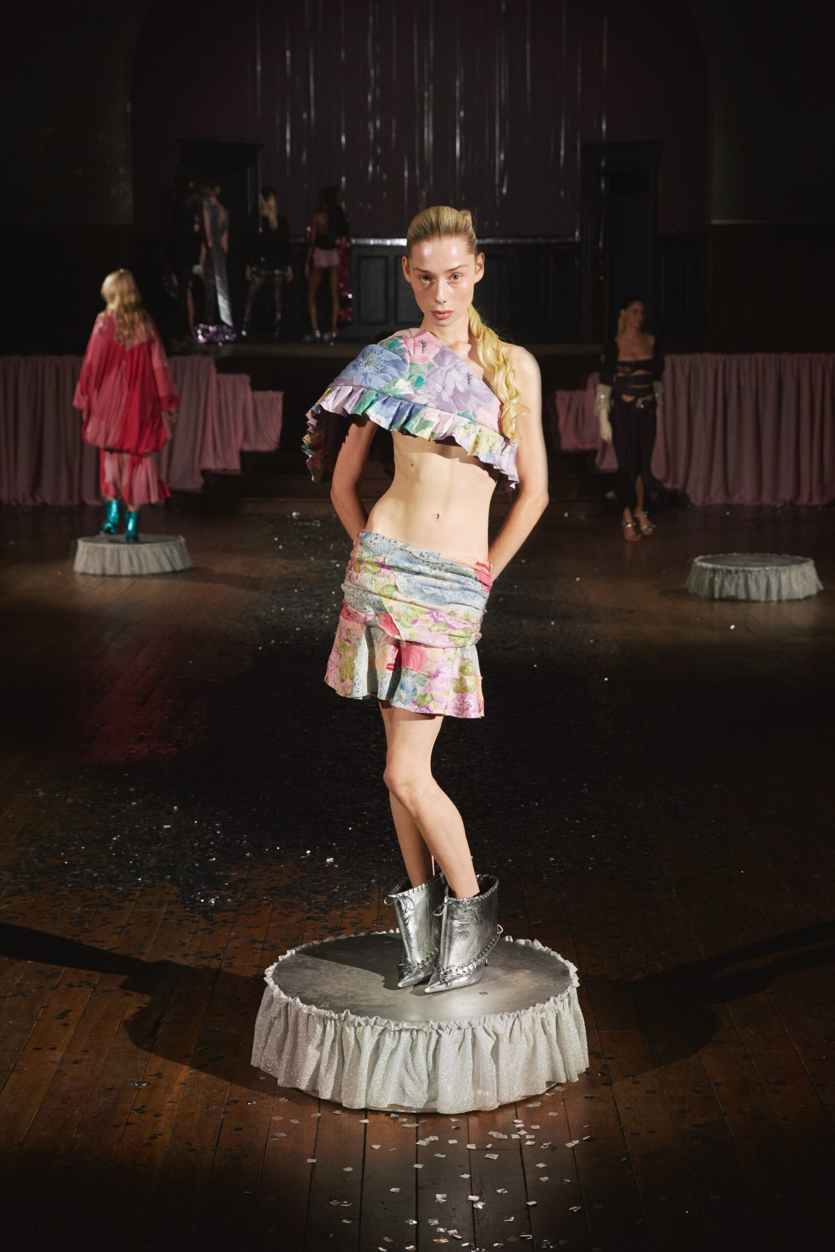 multi-colored crop-top and mini-skirt