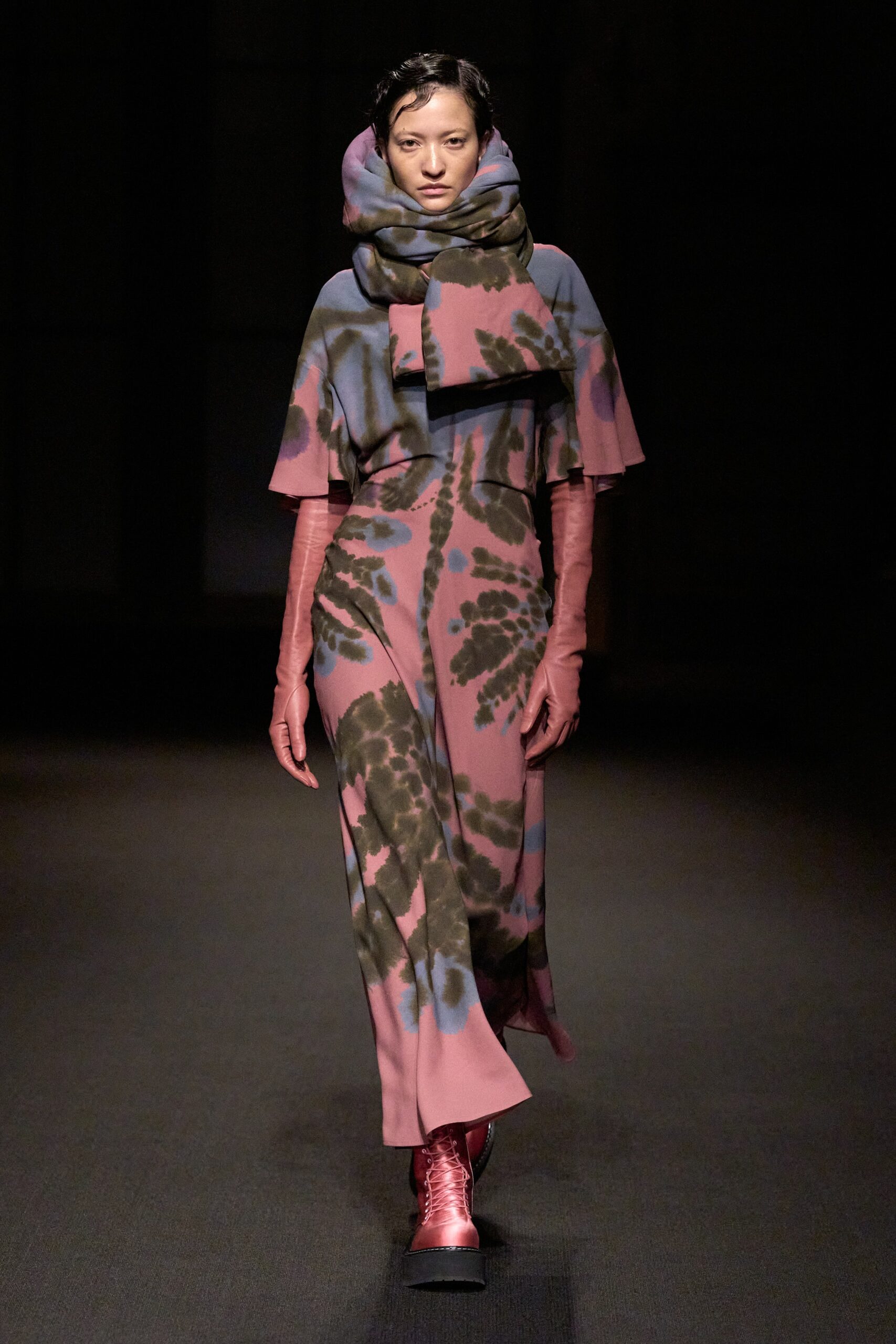 pink printed midi dress with scarf