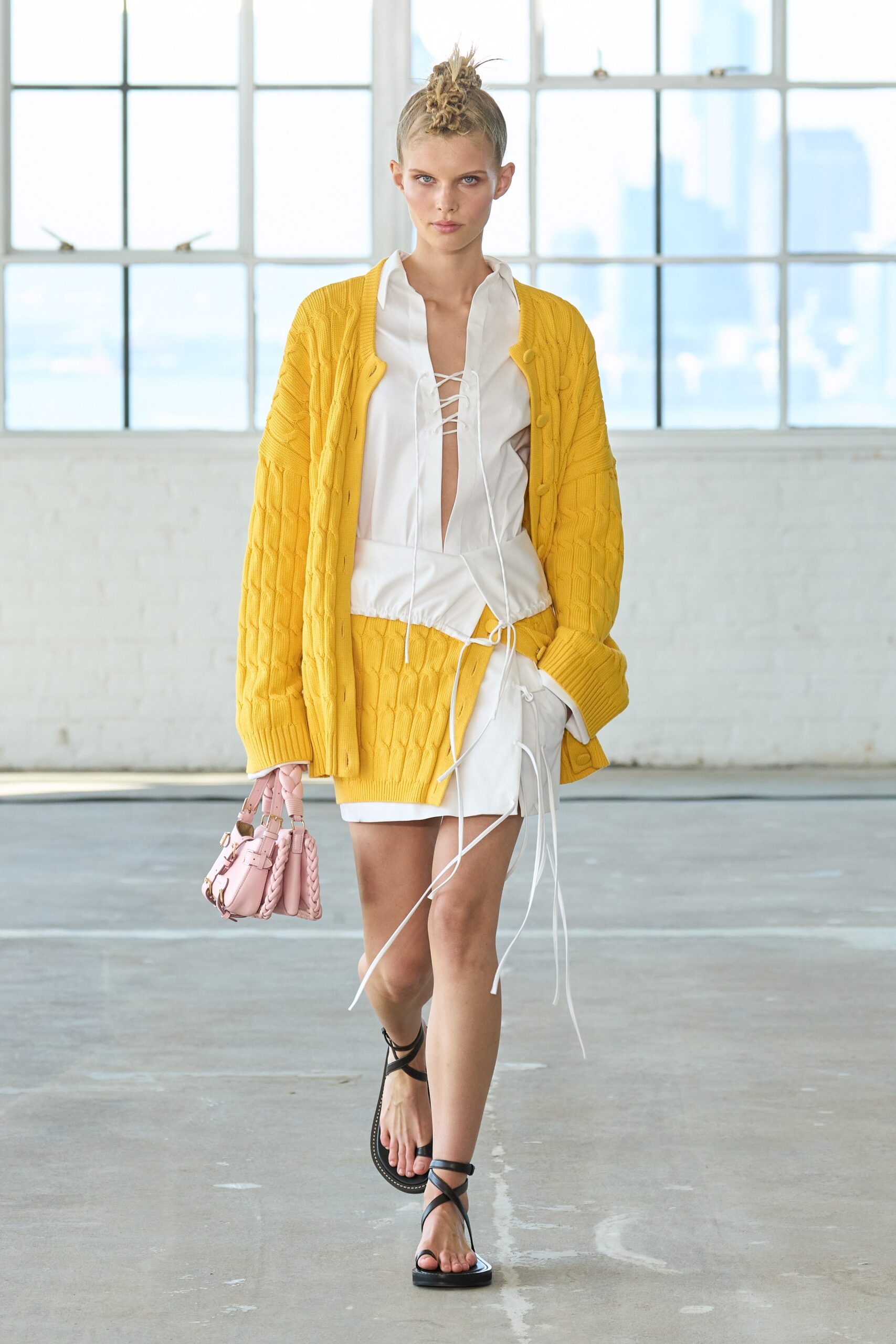 yellow oversized cardigan with white shirt