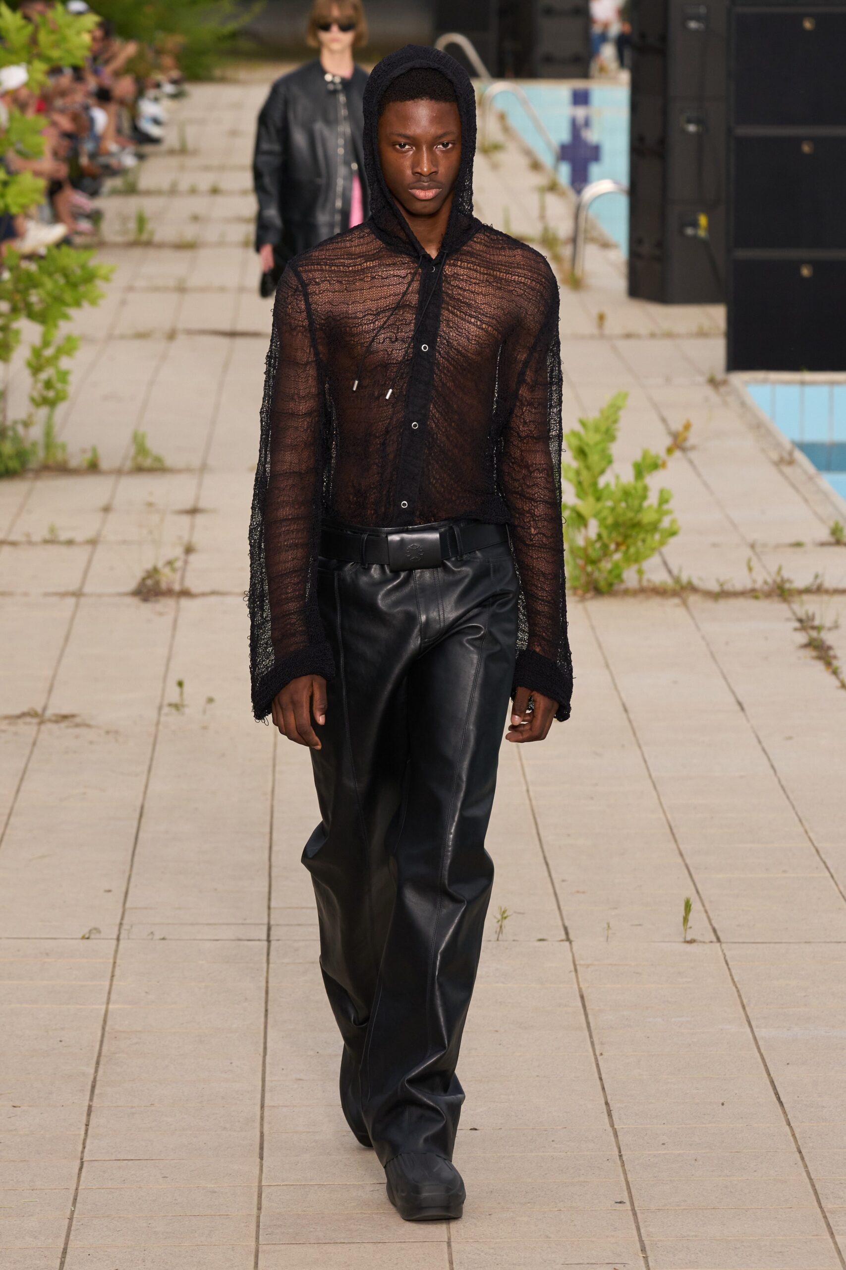 black mesh long-sleeve v-neck fitted sheer flowing shirt