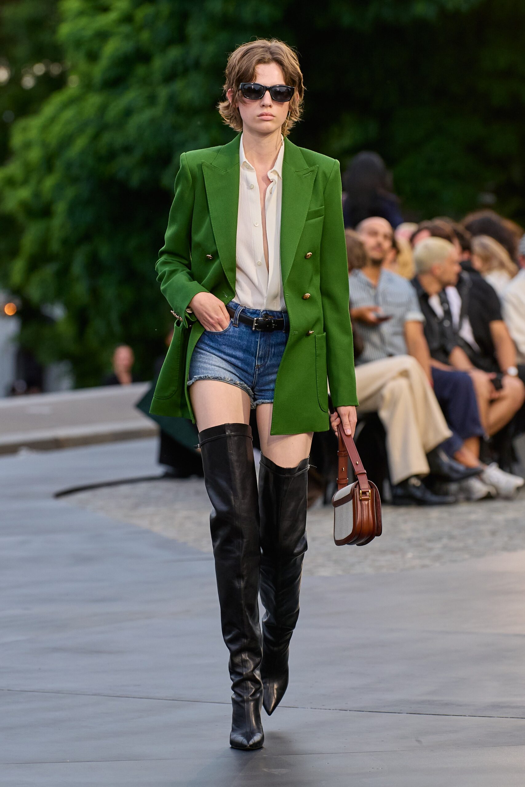 green tailored blazer with shorts