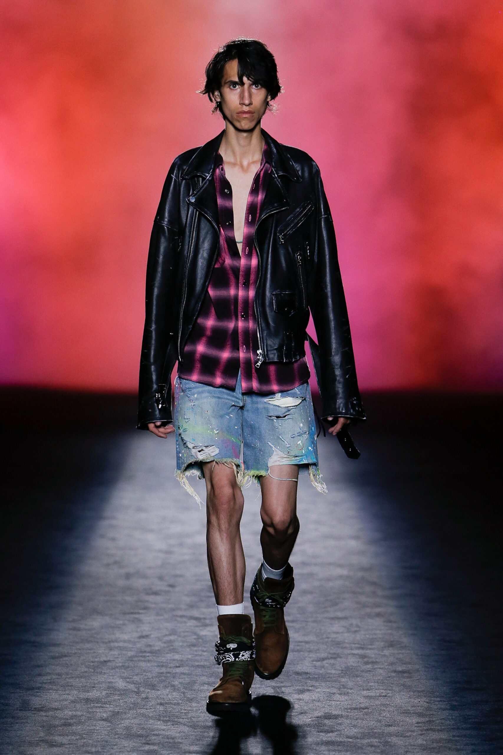 oversized black leather jacket with pink checked shirt