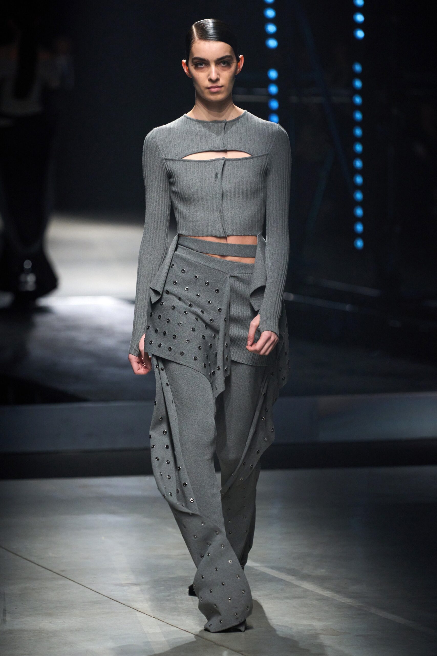 gray knit asymmetric fitted zippered pants
