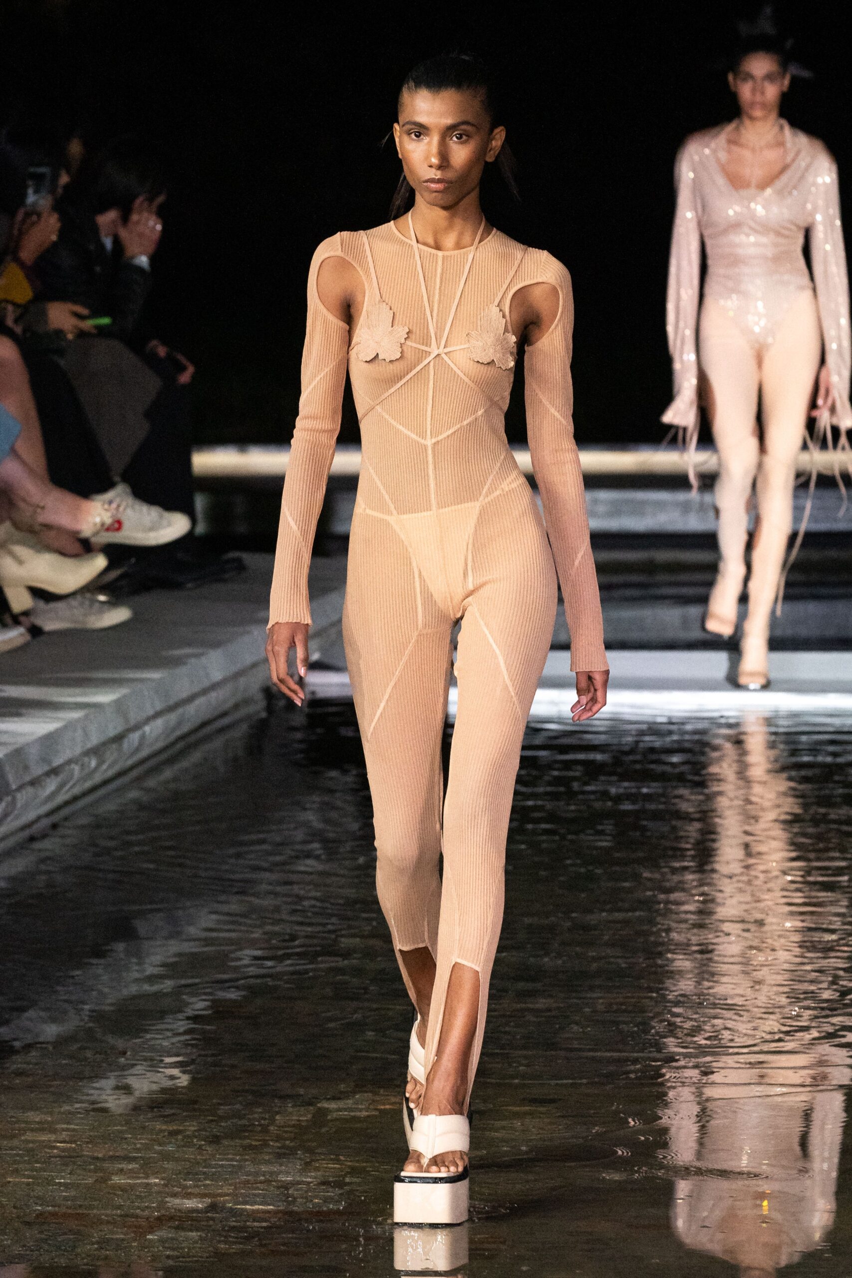 beige mesh fitted catsuit