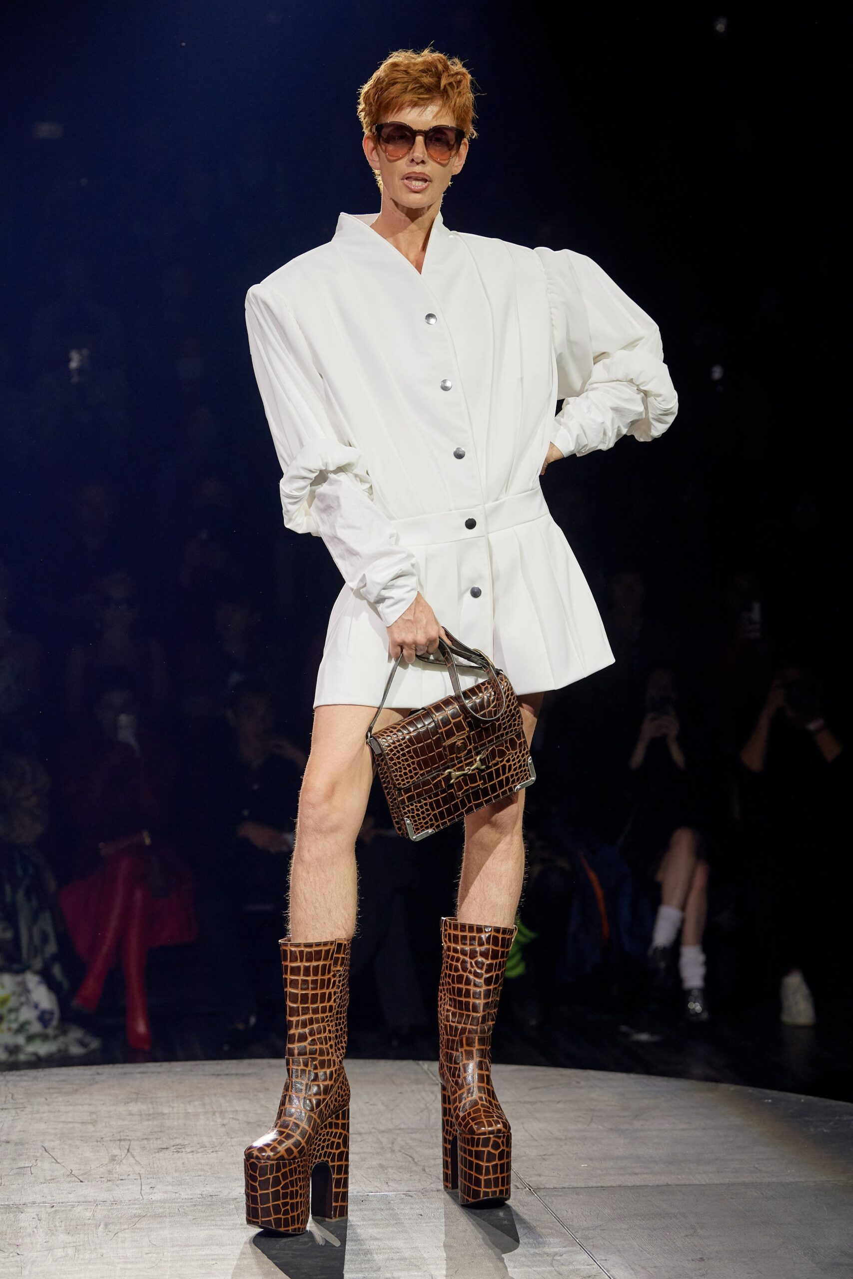white cotton long-sleeve collared fitted buttoned a-line dress