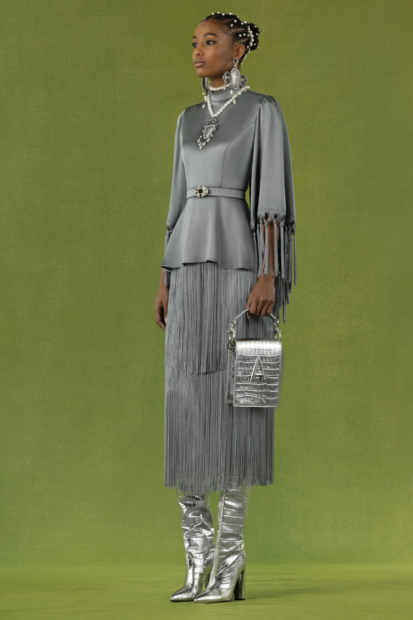 gray silk fringed dress