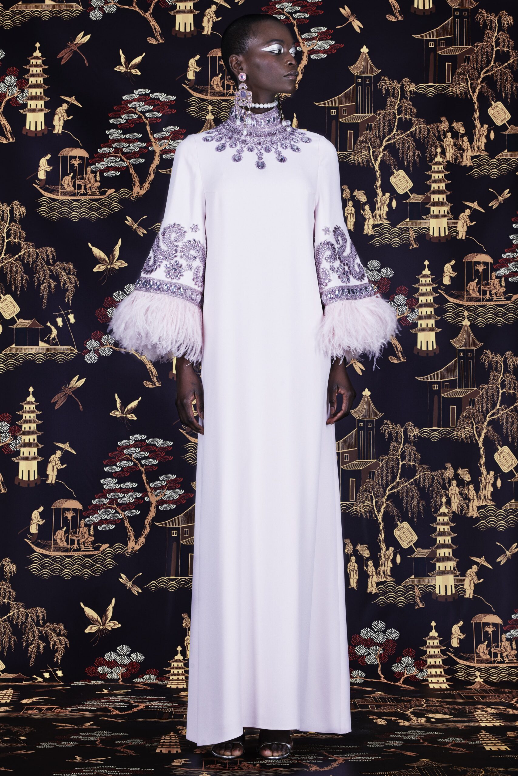 pink silk embroidered gown
