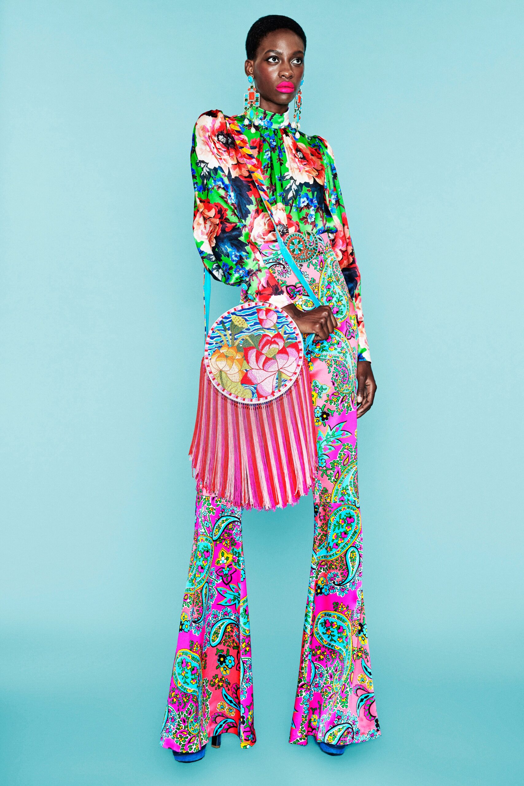 multi long-sleeve collared fitted floral printed shirt