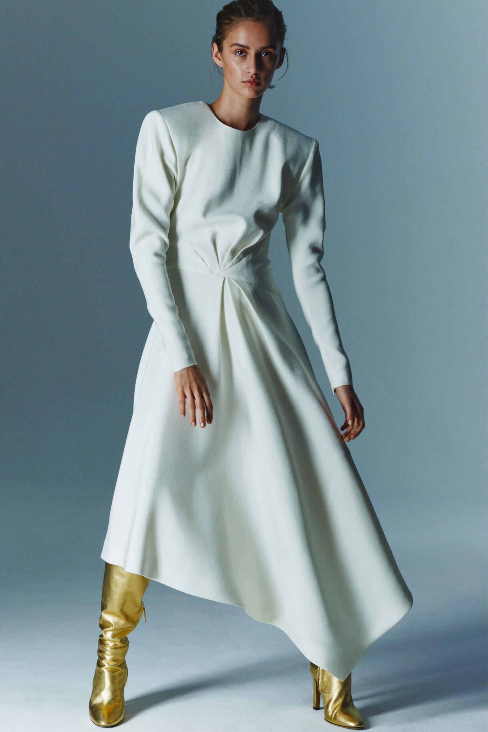white wool long-sleeve high-neck fitted draped midi dress