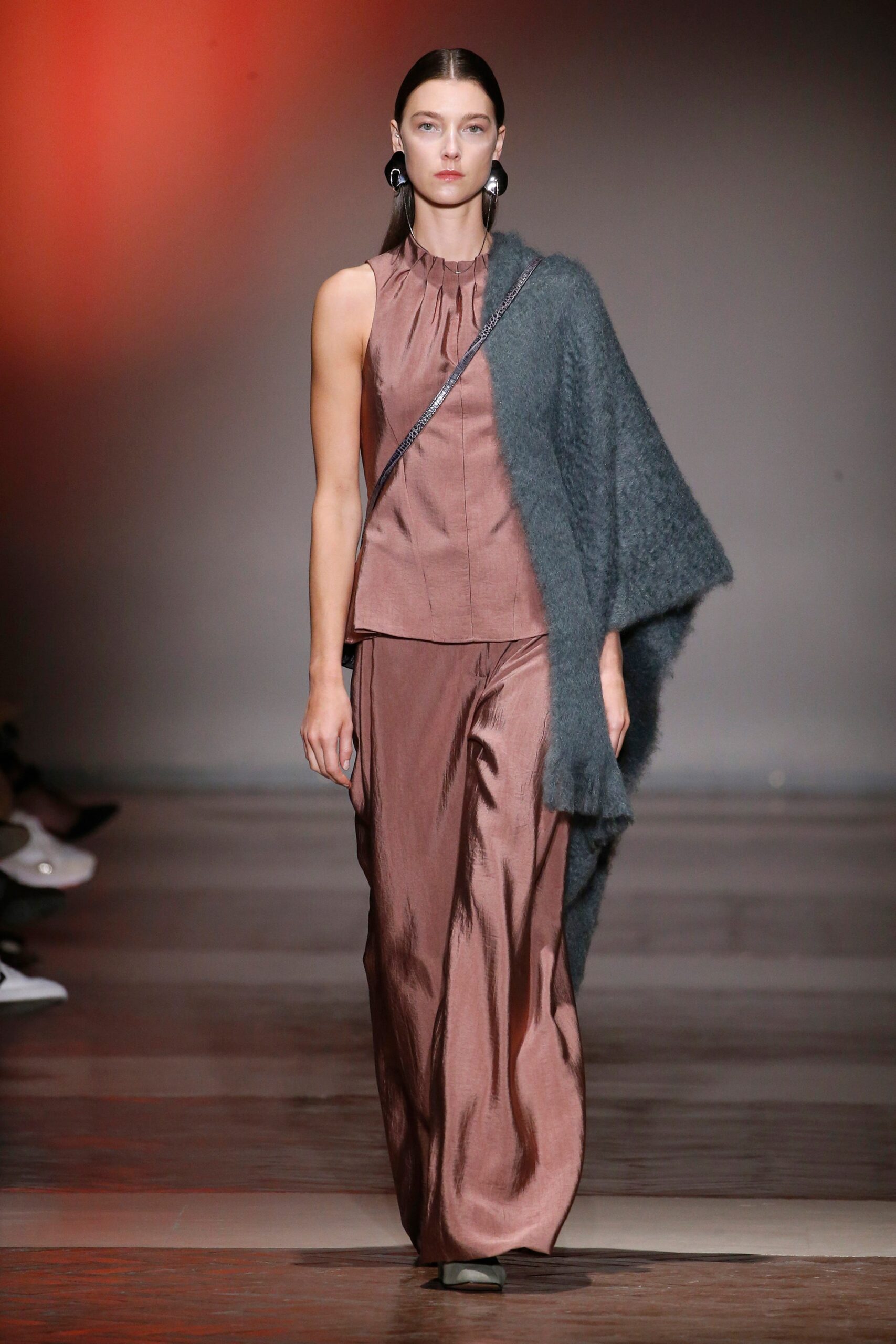 brown silk top with wide-leg pants