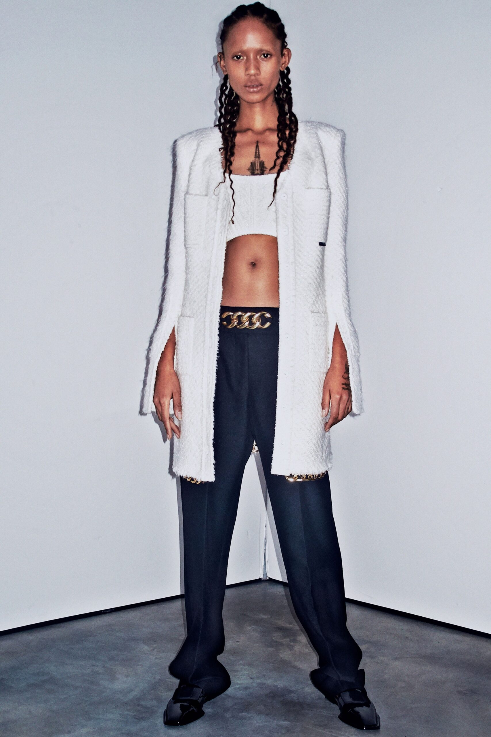 white tweed coat with fitted top