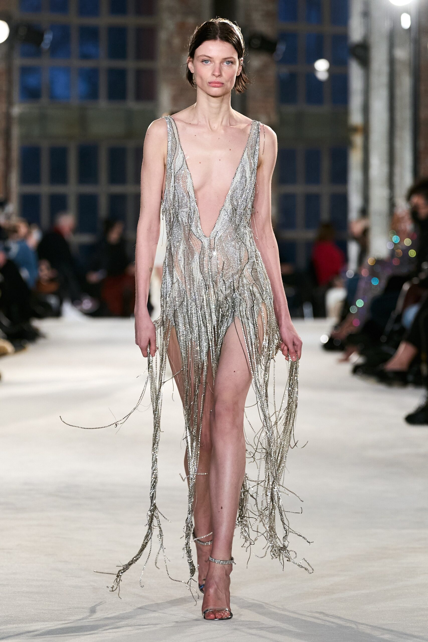 silver metallic fringed mini dress