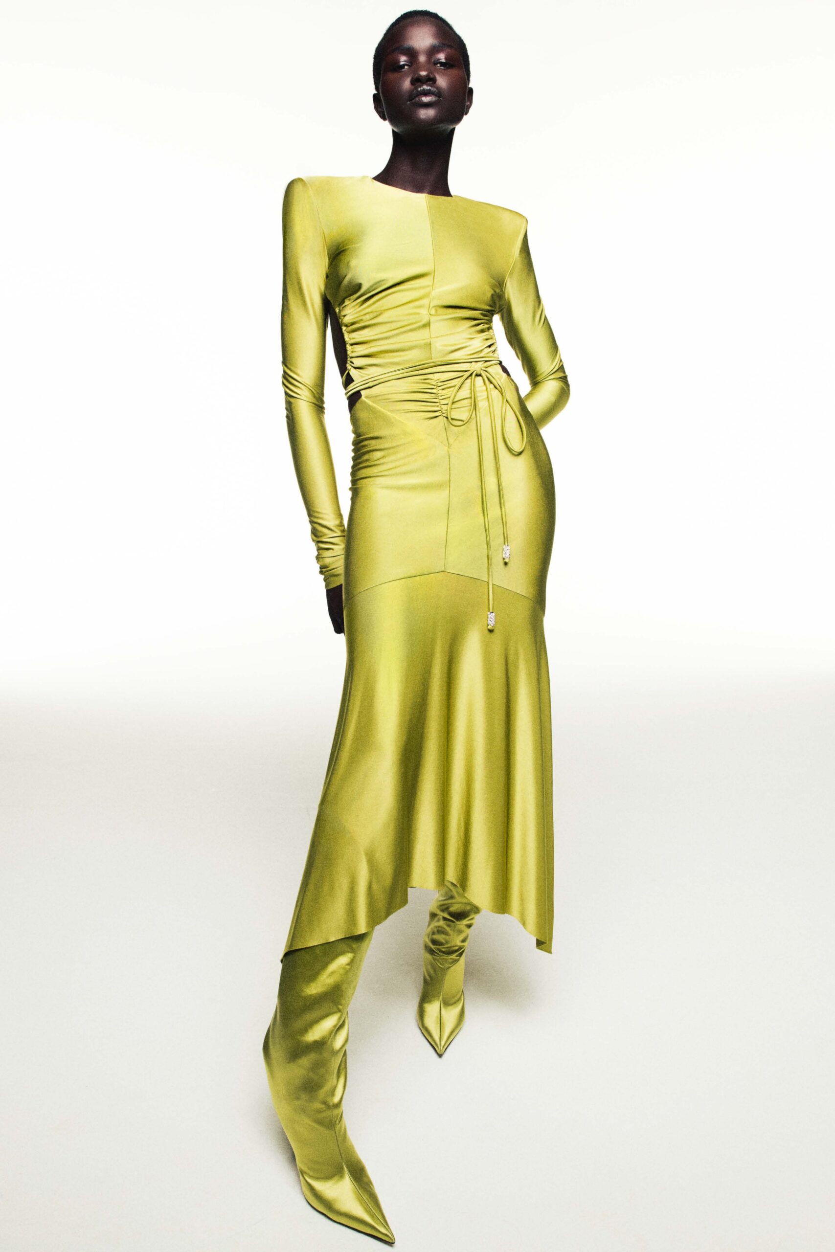 yellow silk long-sleeve v-neck fitted ruched shiny dress