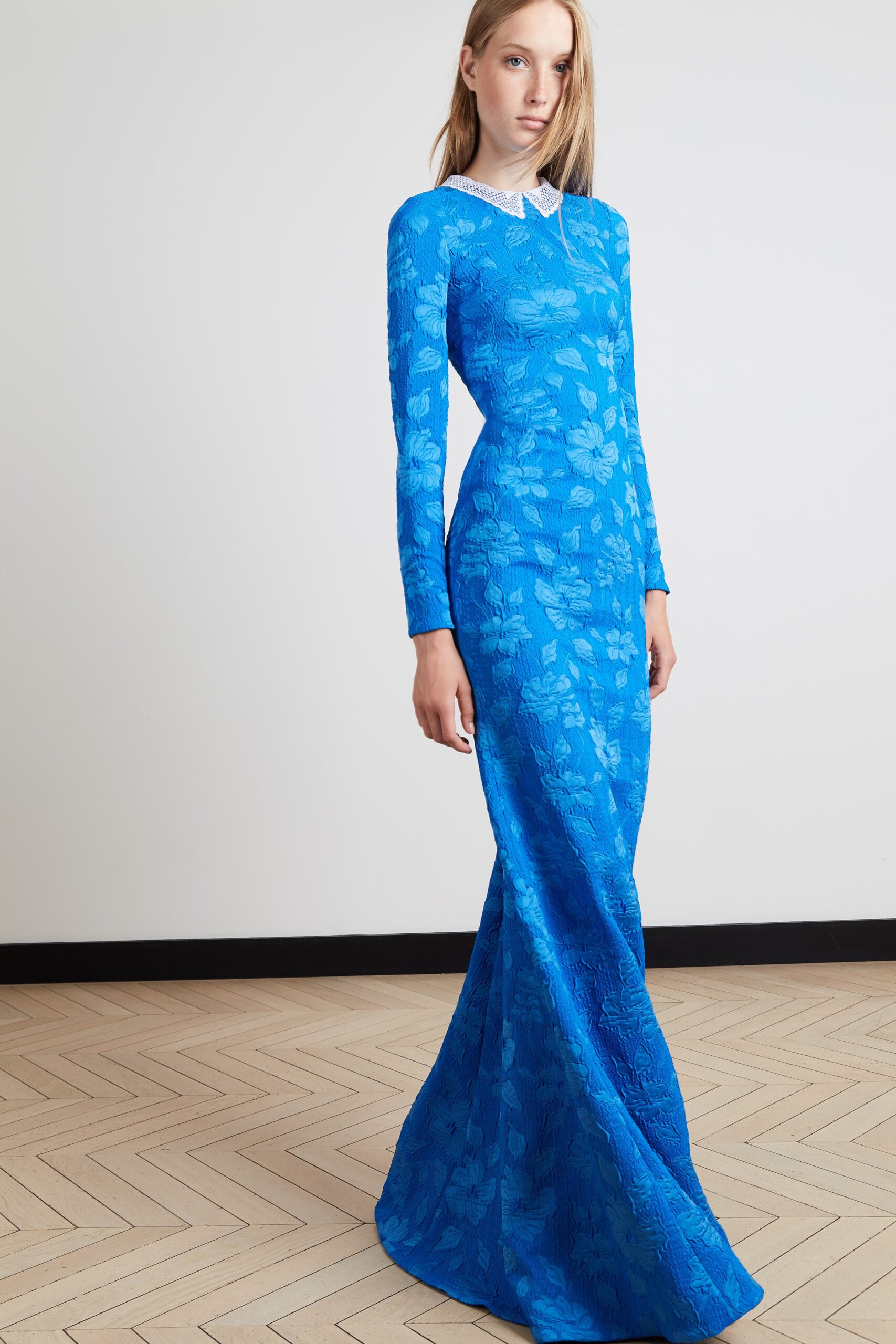 blue lace long-sleeve gown