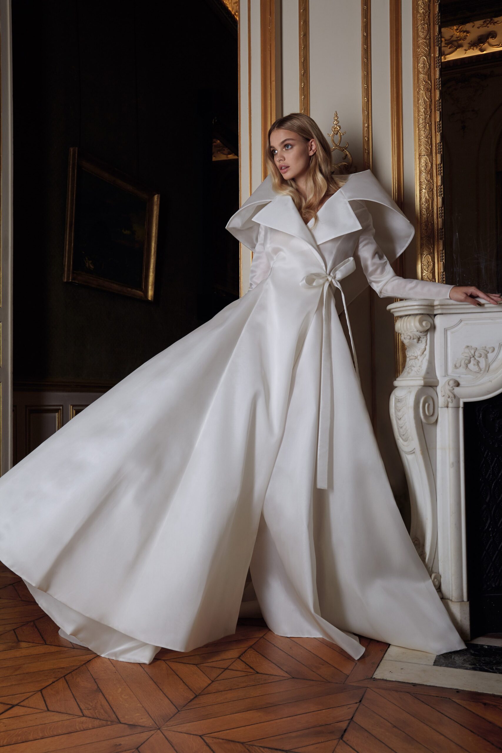 white silk belted gown