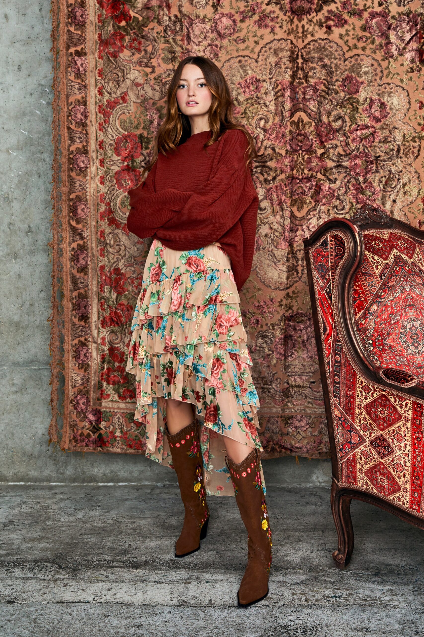 brown suede fitted embroidered boots