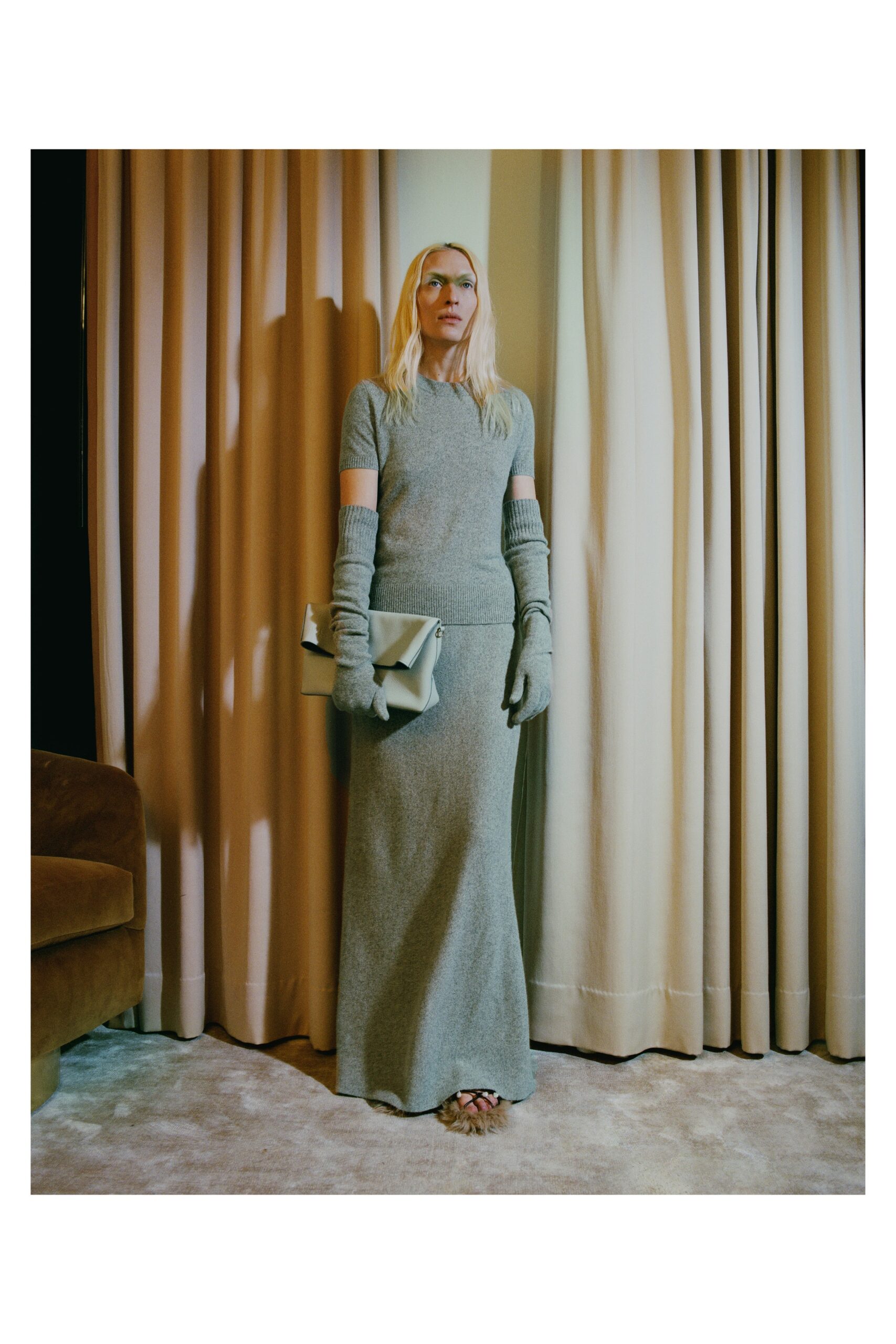 gray fitted wool maxi dress