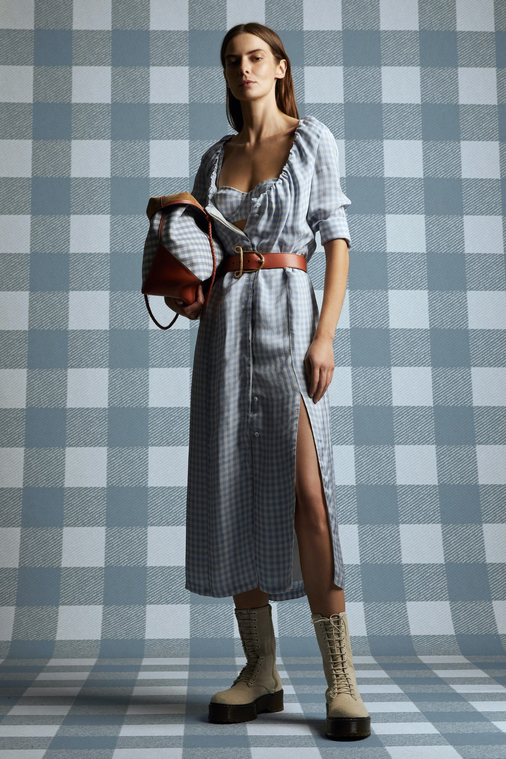 blue cotton long-sleeve v-neck relaxed buttoned pleated dress