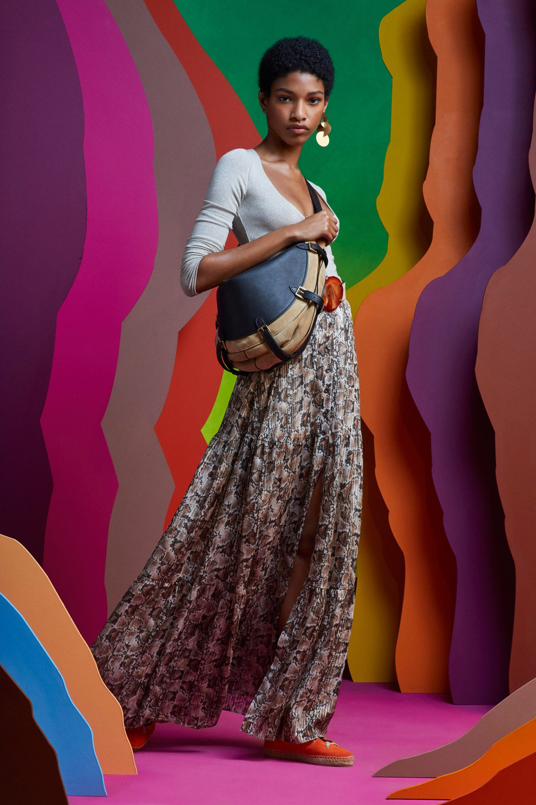 multi chiffon relaxed high-waisted pleated flowing maxi skirt