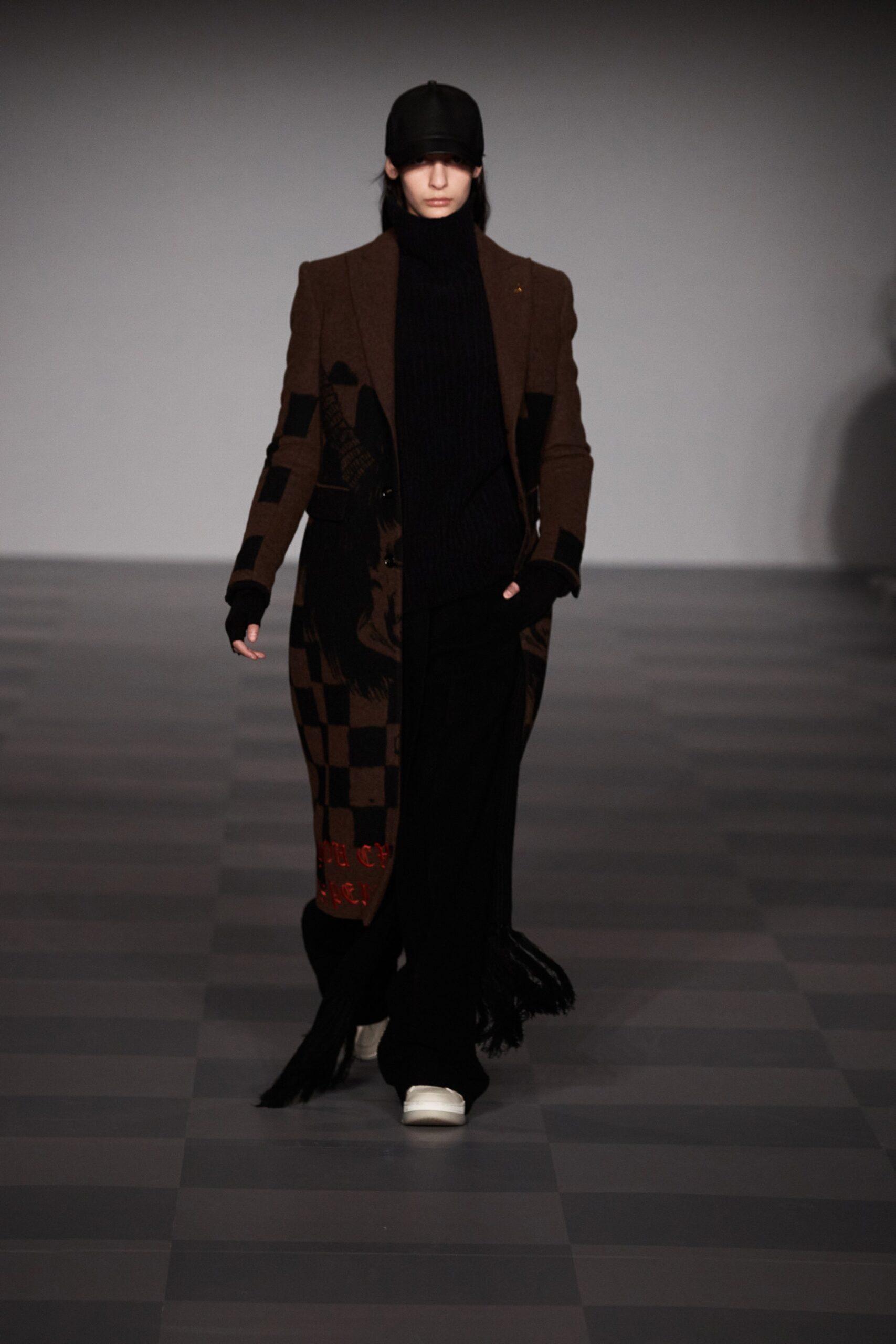 brown wool coat with black sweater