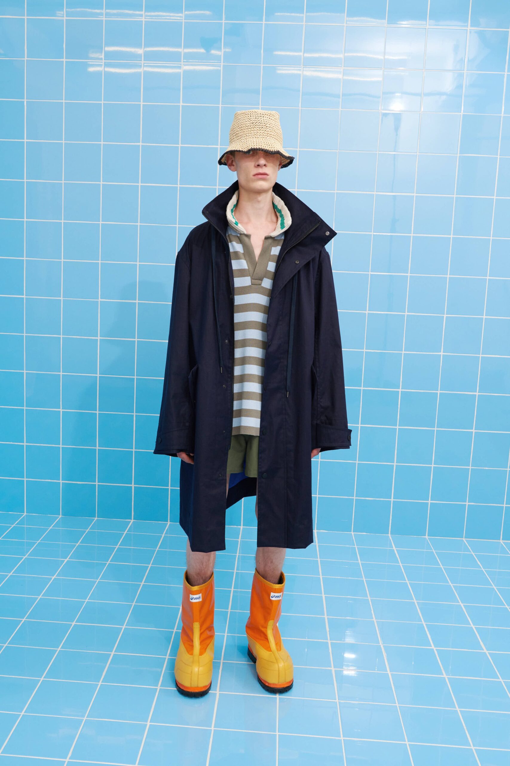 black coat with striped shirt
