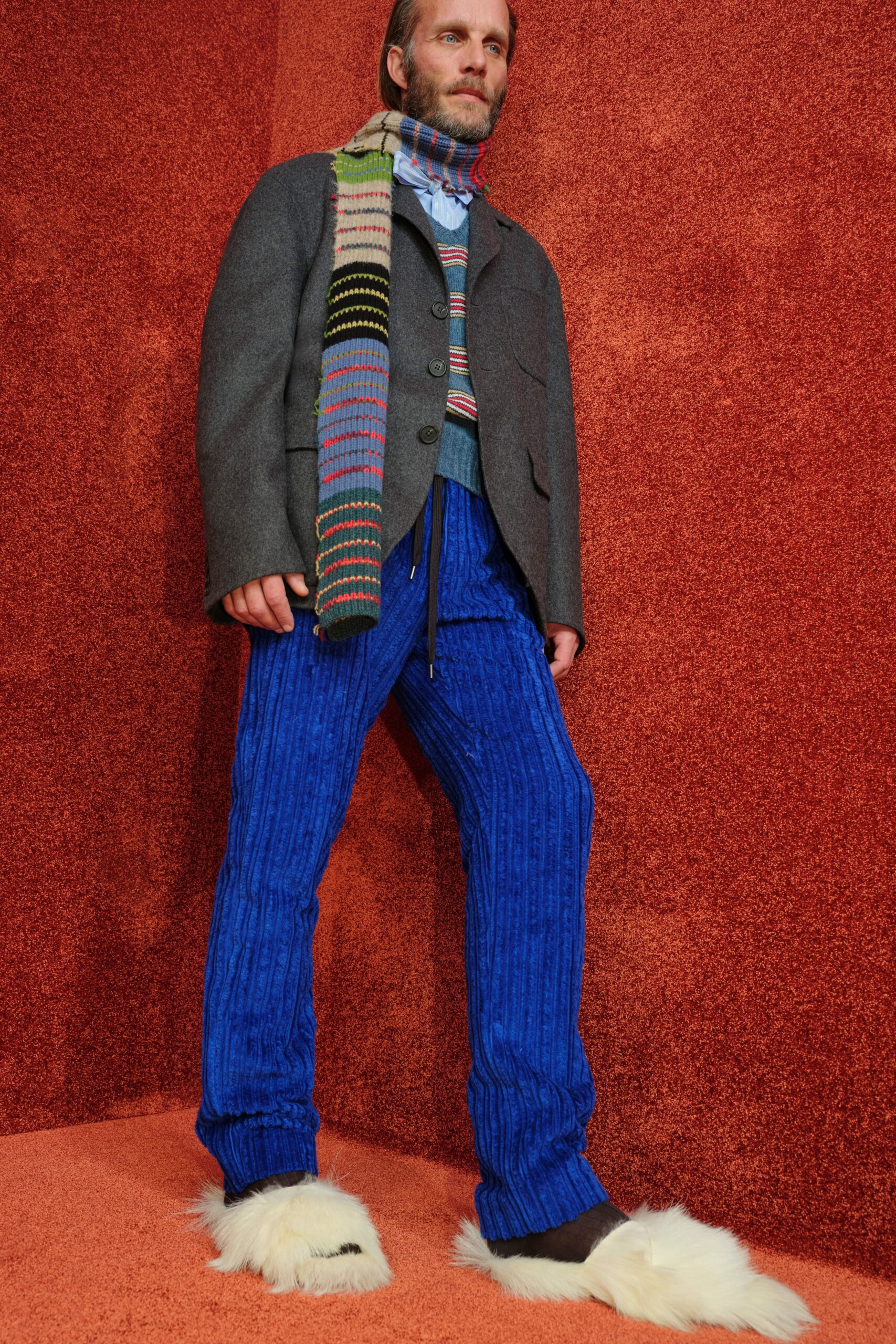 gray wool coat with blue pants