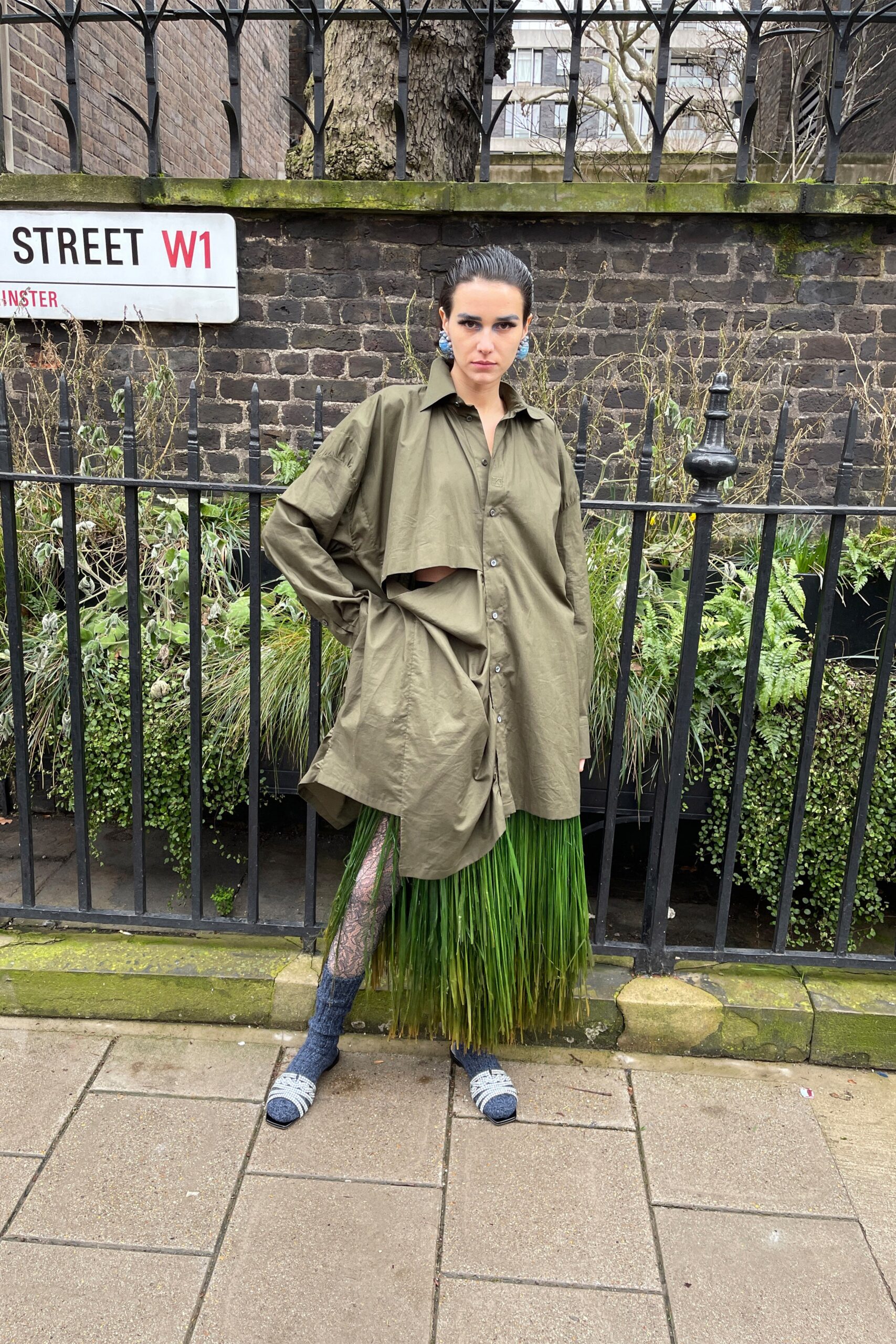 green oversized shirt-dress with tiered skirt