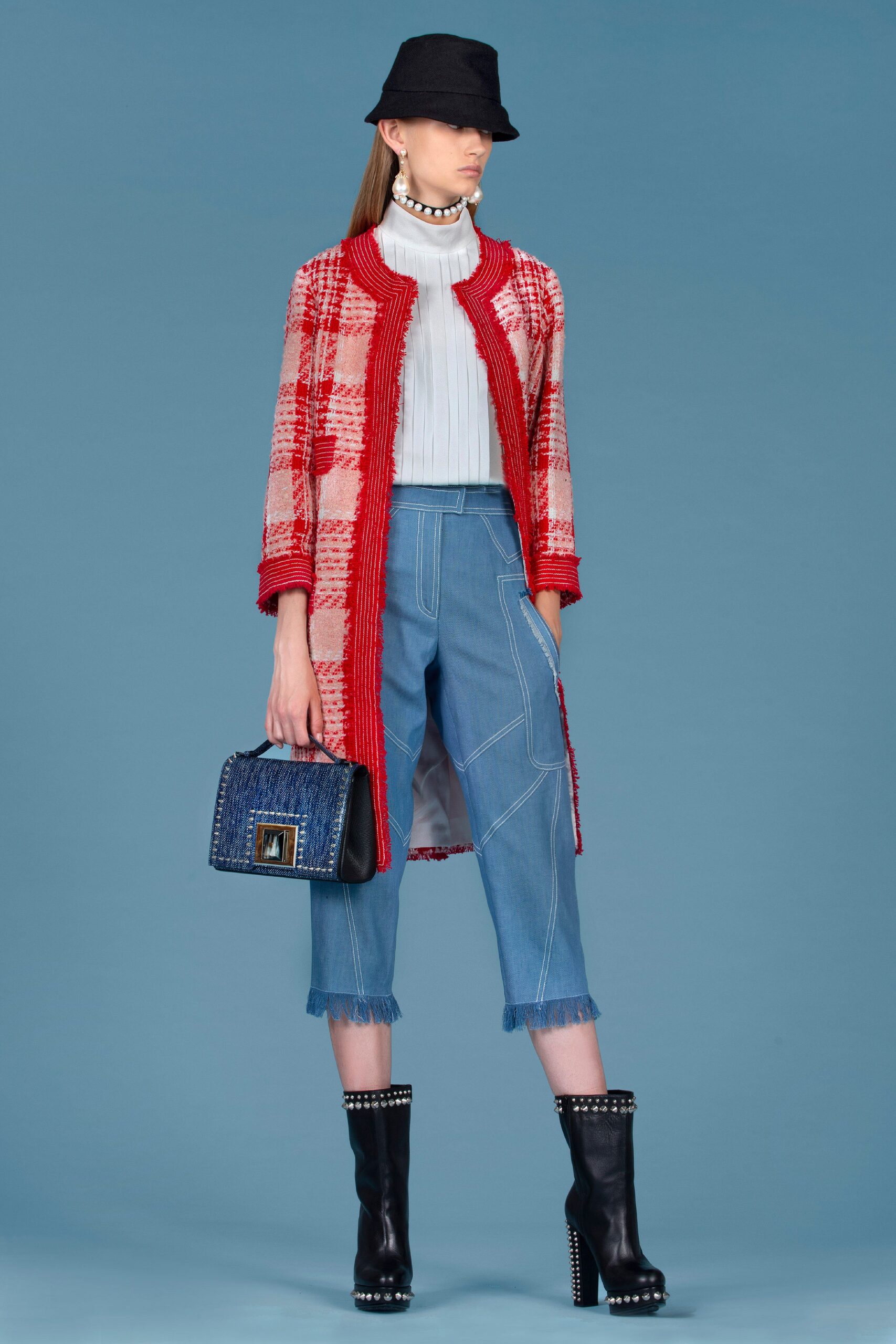 red cotton long-sleeve collared relaxed layered fringed coat