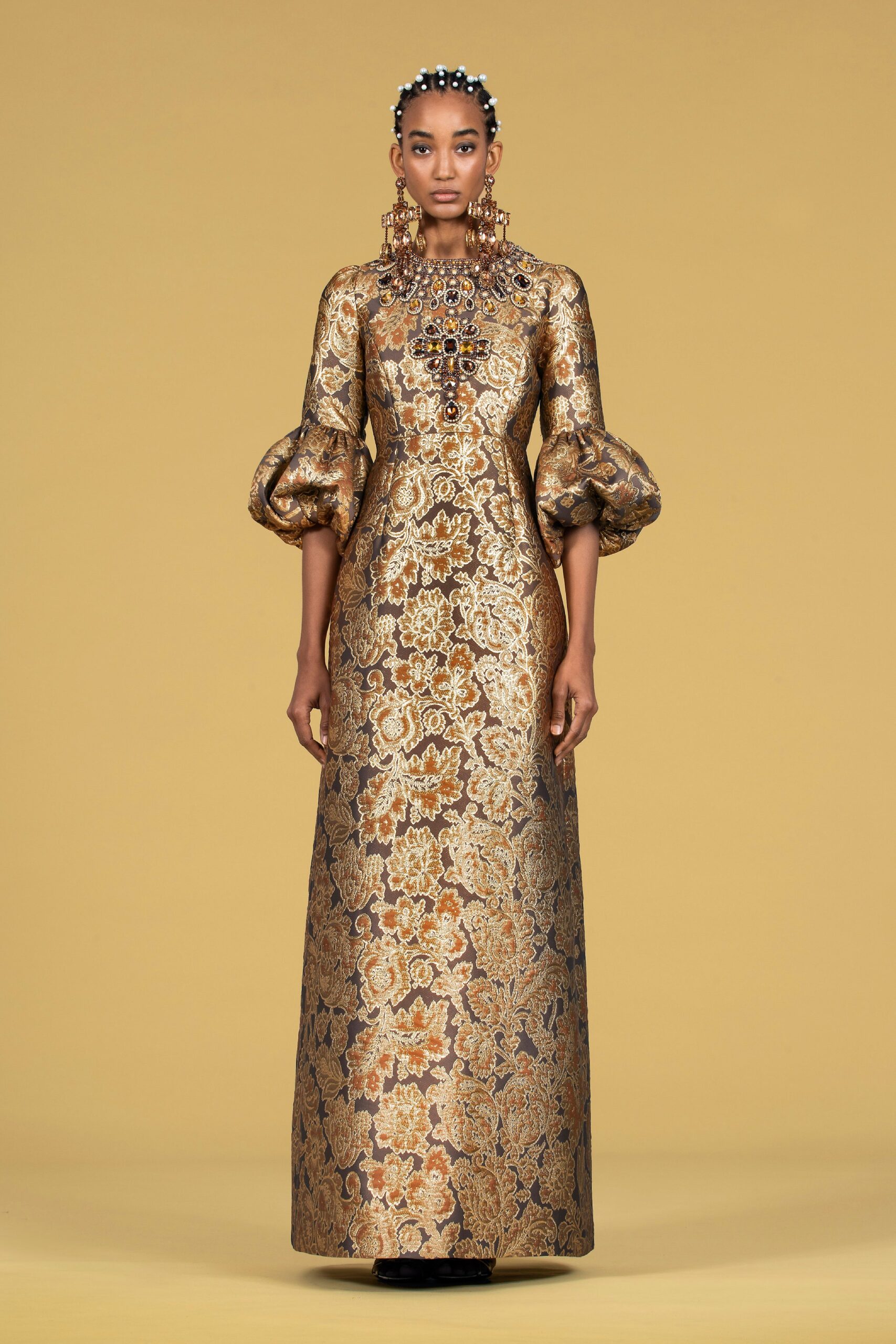 gold embroidered long-sleeve gown