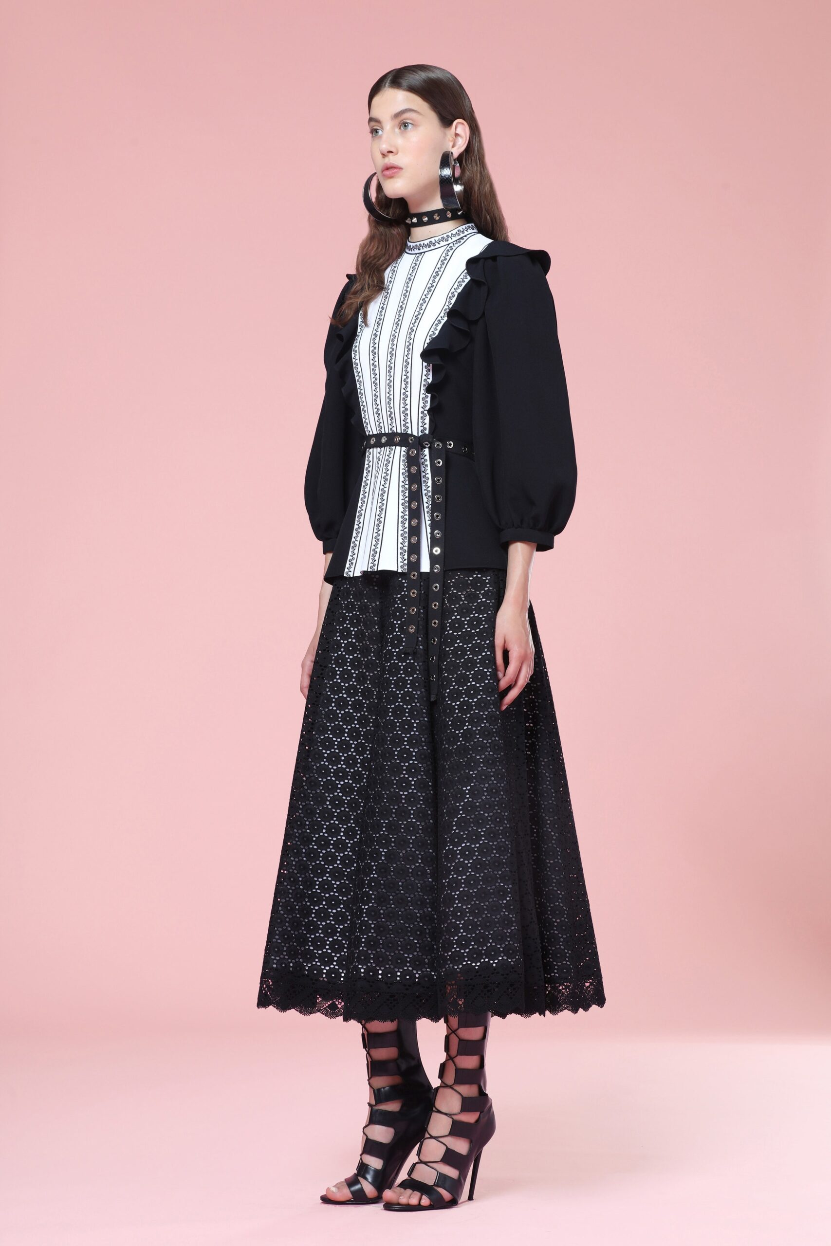 white cotton long-sleeve collared fitted striped ruffled blouse