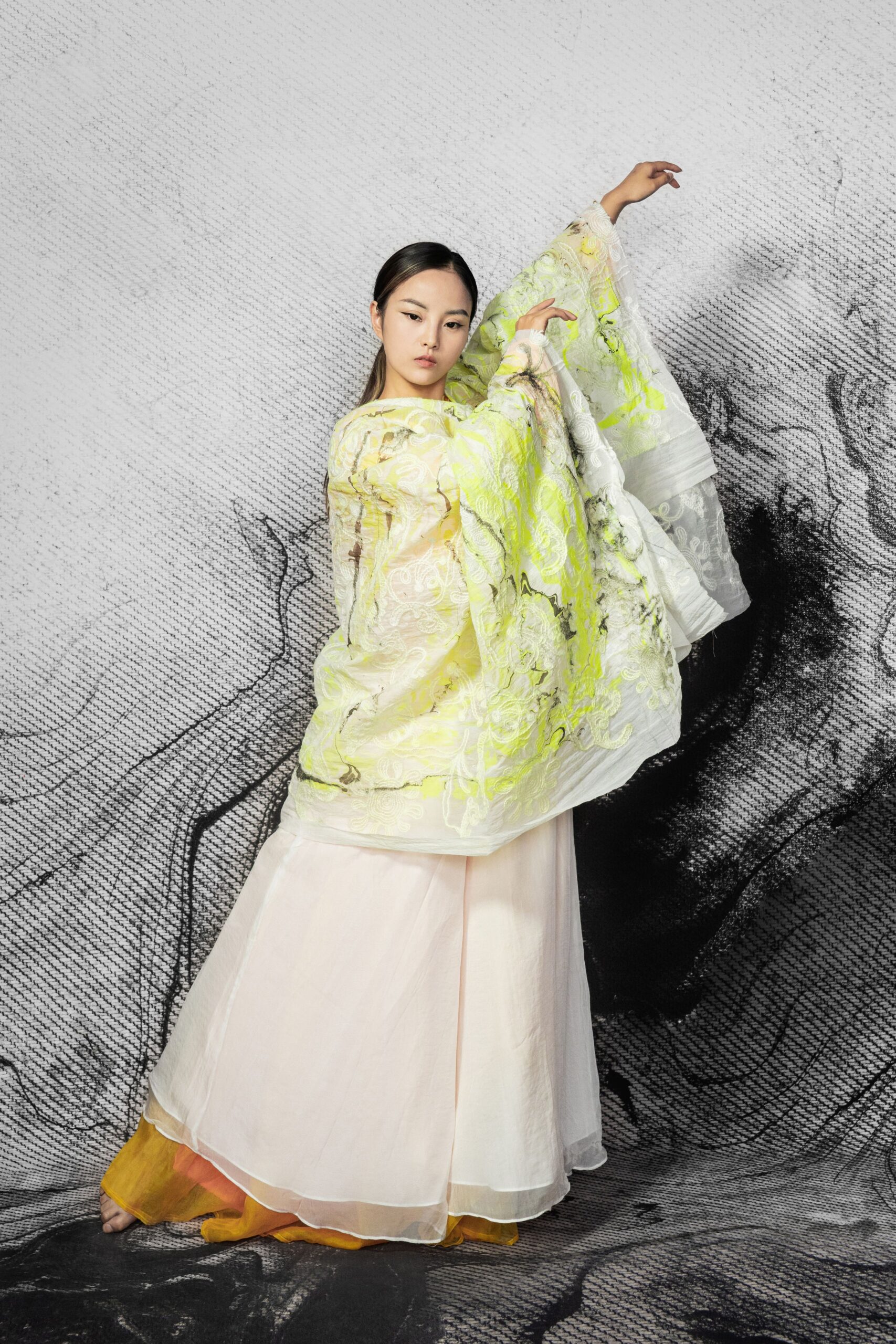 yellow floral silk top with tiered skirt