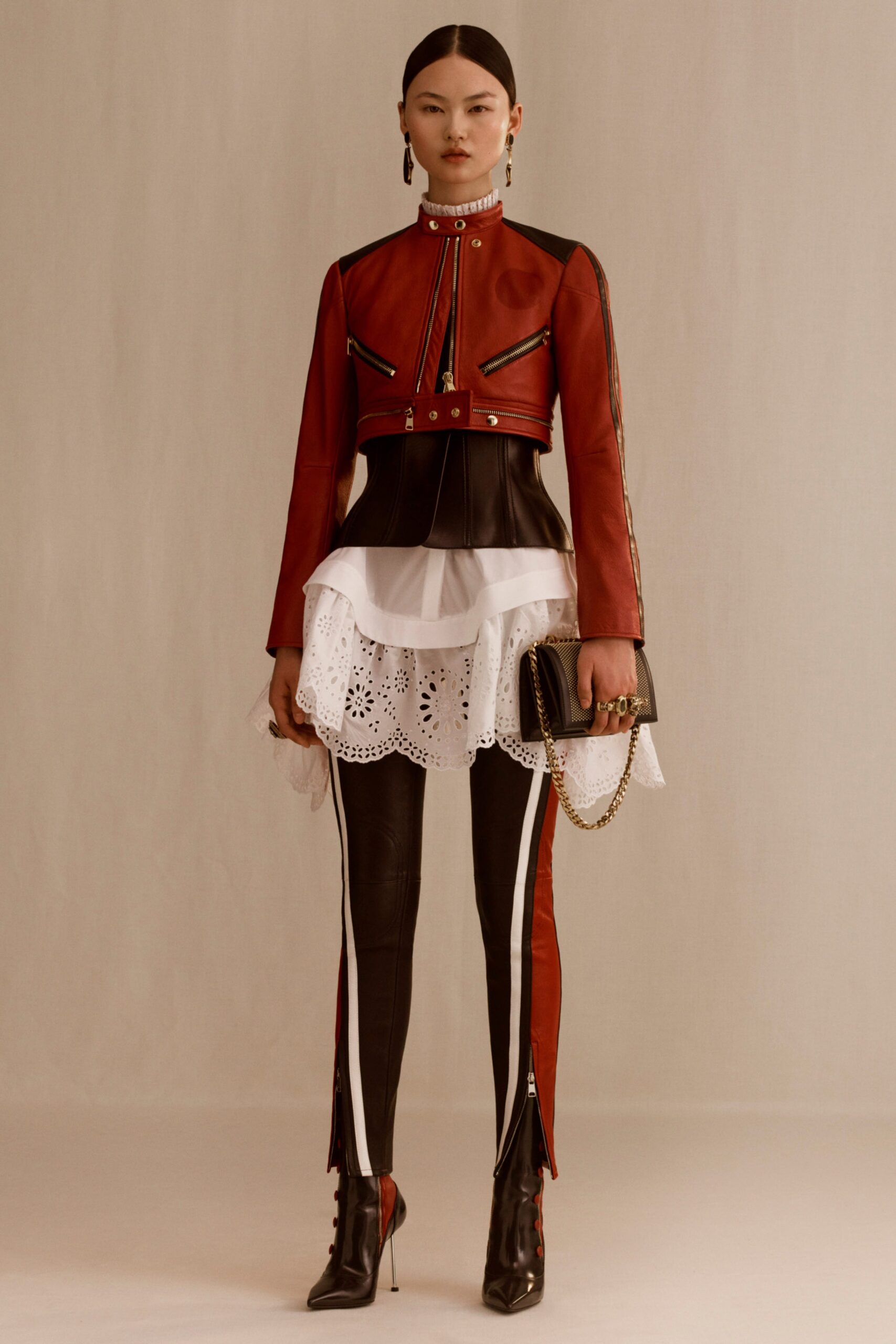 red leather fitted jacket with white blouse