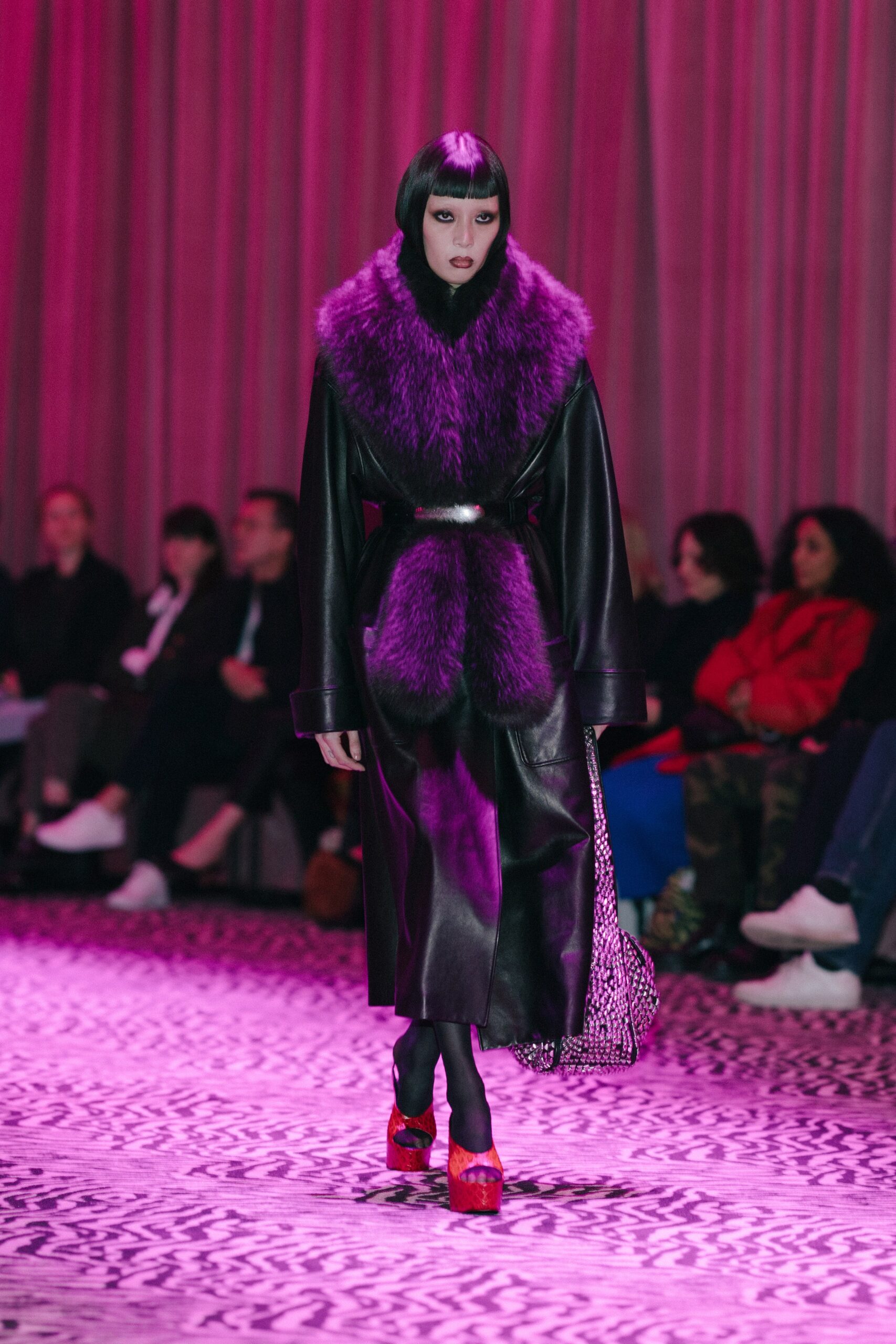 black leather long-sleeve collared fitted belted layered coat
