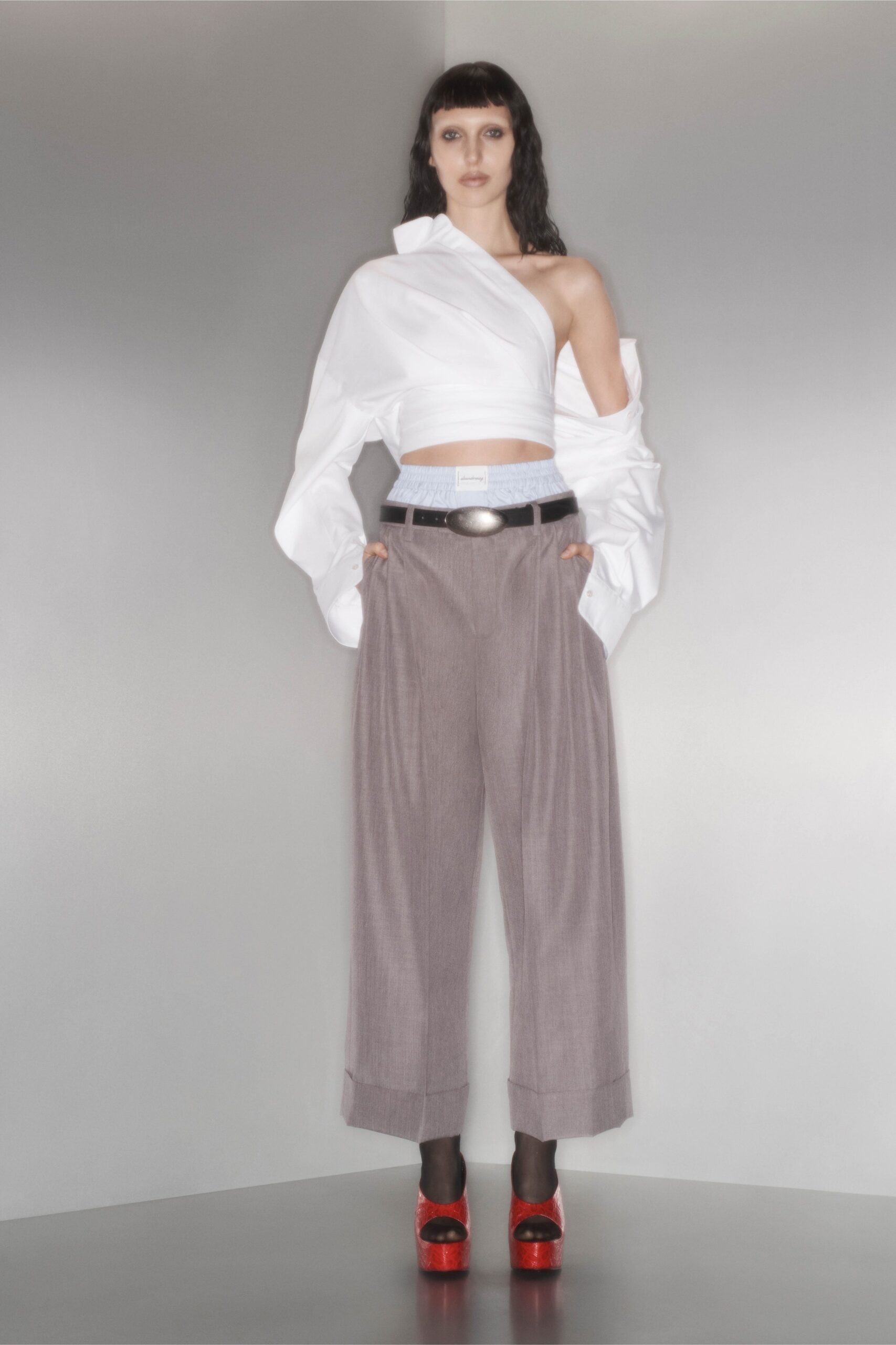 oversized white shirt with gray pants