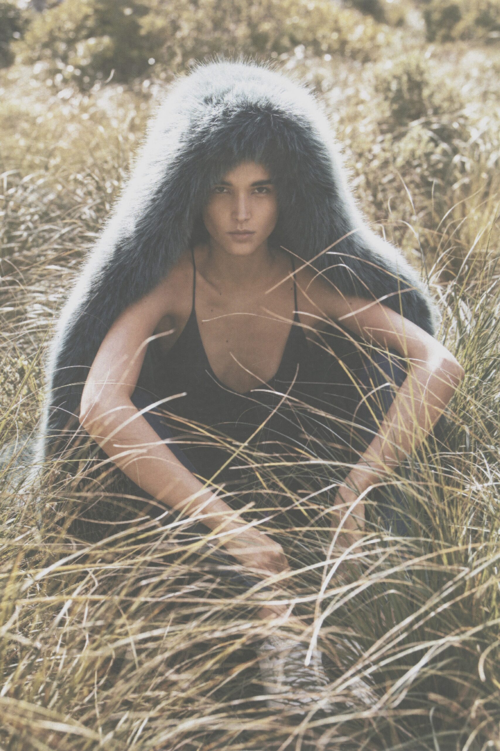 black silk mini dress with gray fur cape